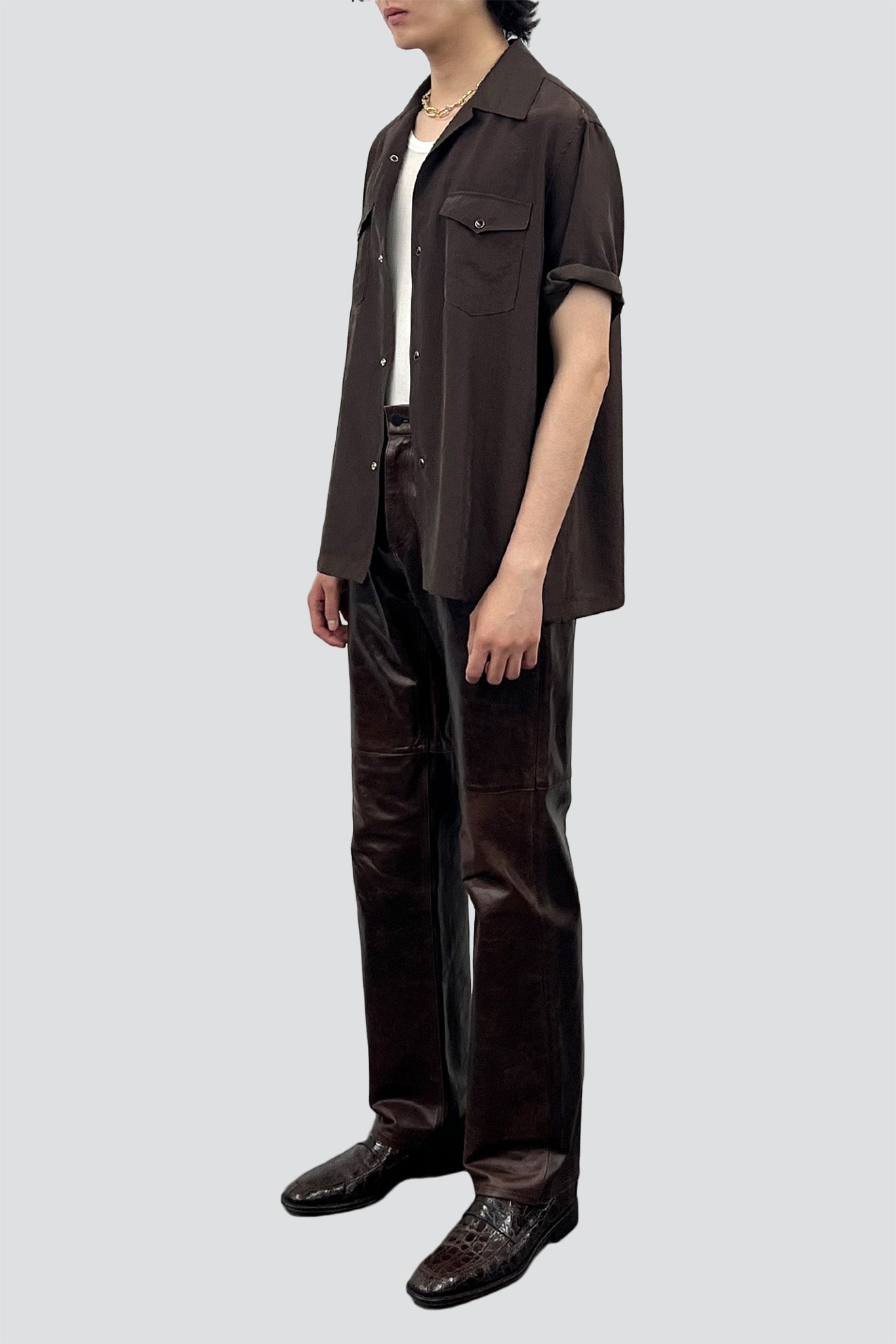 Brown Washed Rayon Pearl Snap Shirt