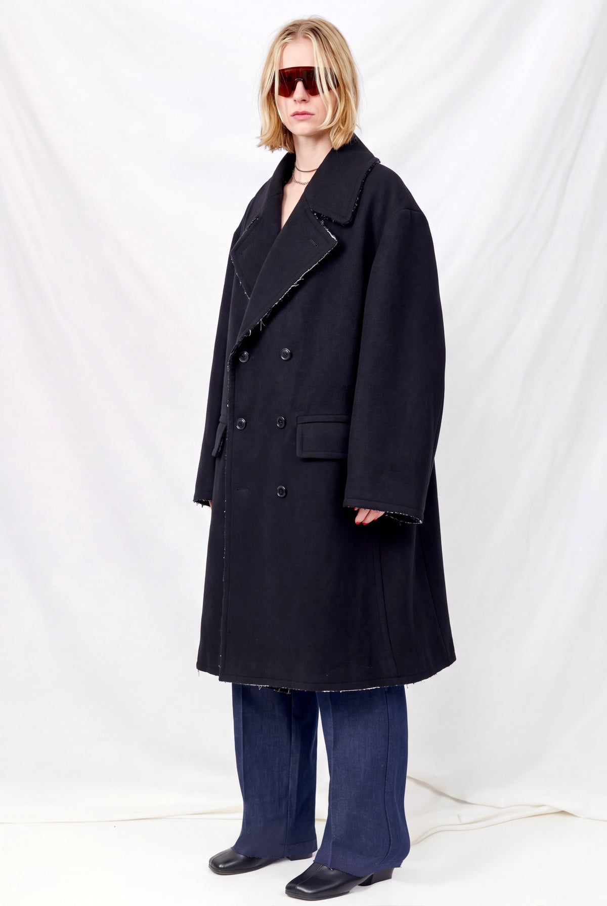 Black Raw Edge Wool Coat