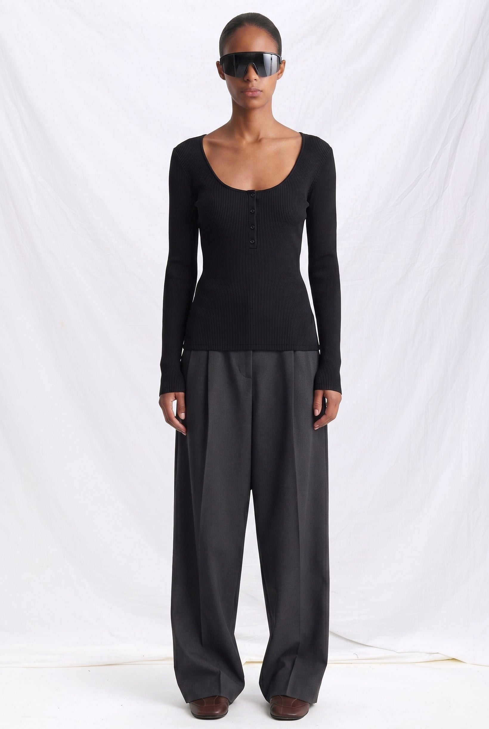 Black Cotton Palma Henley Long Sleeve