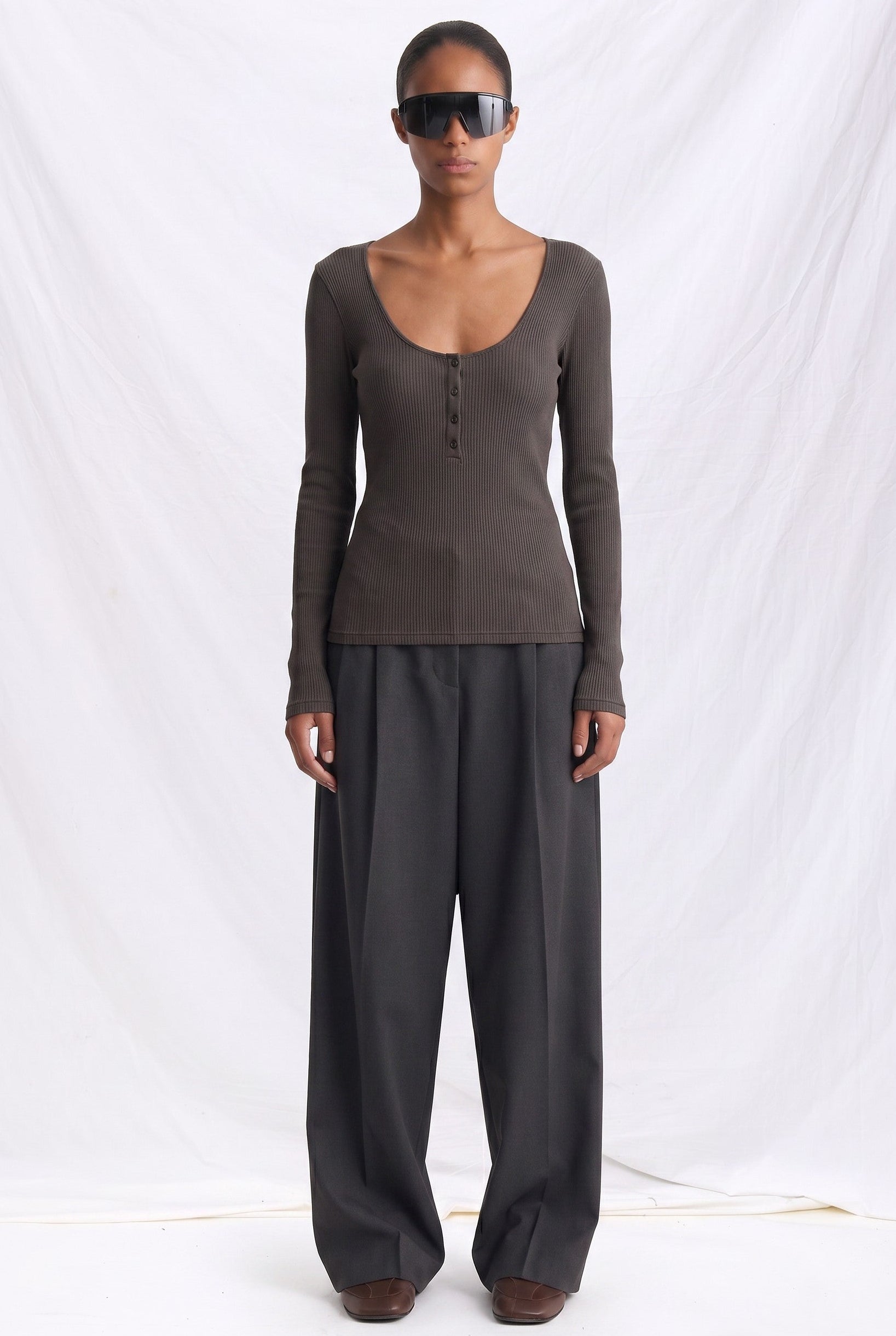 Taupe Grey Cotton Palma Henley Long Sleeve