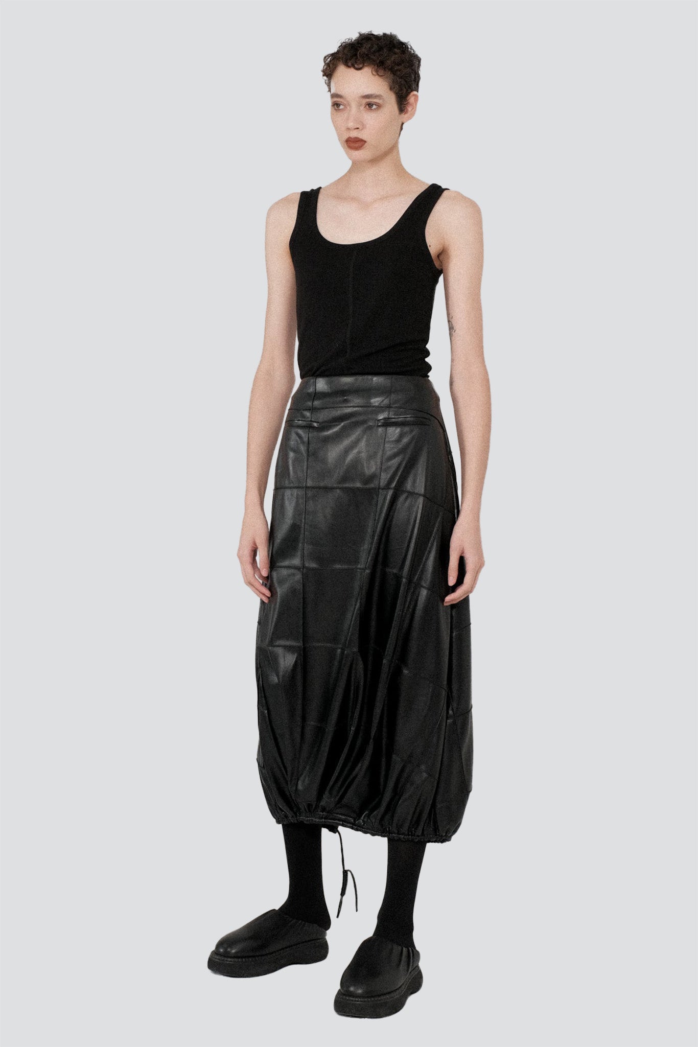 Black Vegan Leather Pintuck Shirred Bubble Skirt