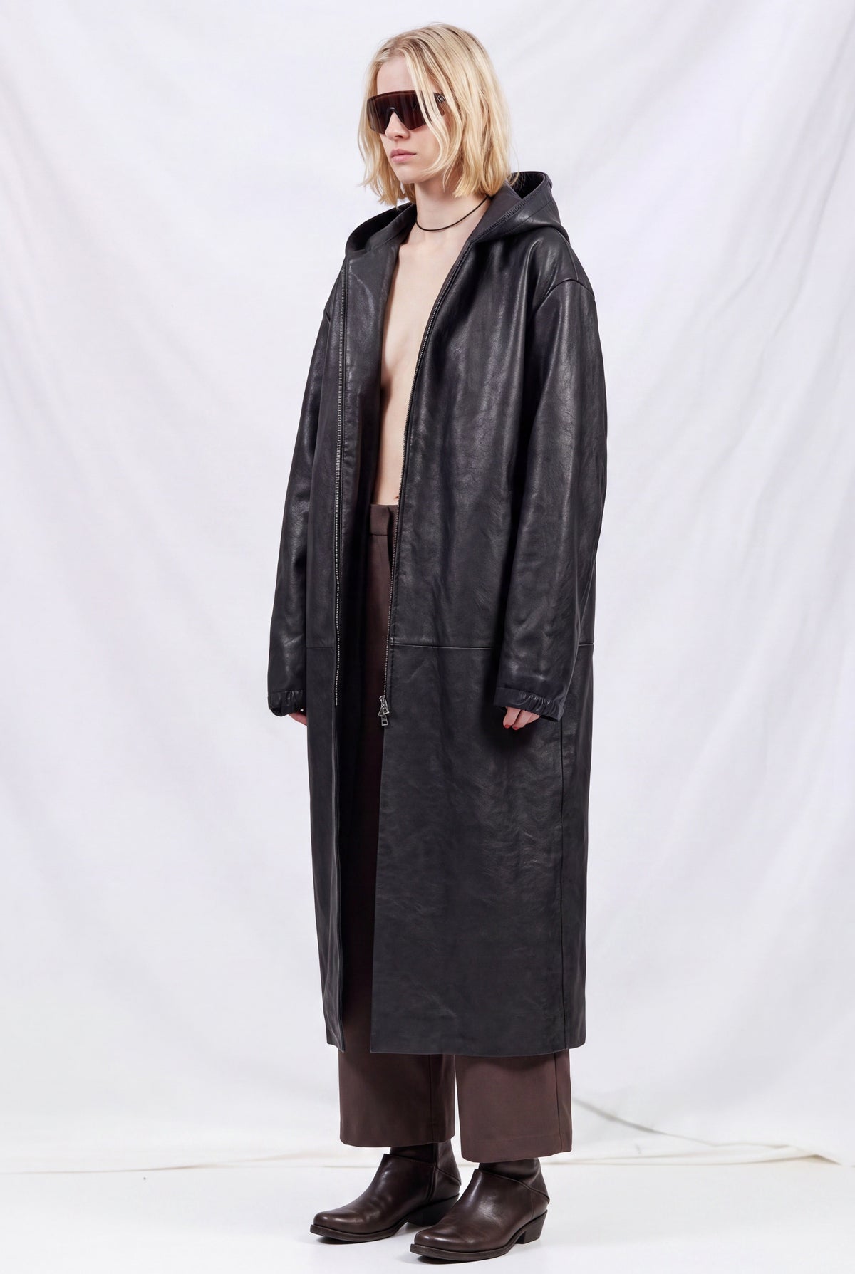 No.275 Black Leather Hooded Zipper Coat