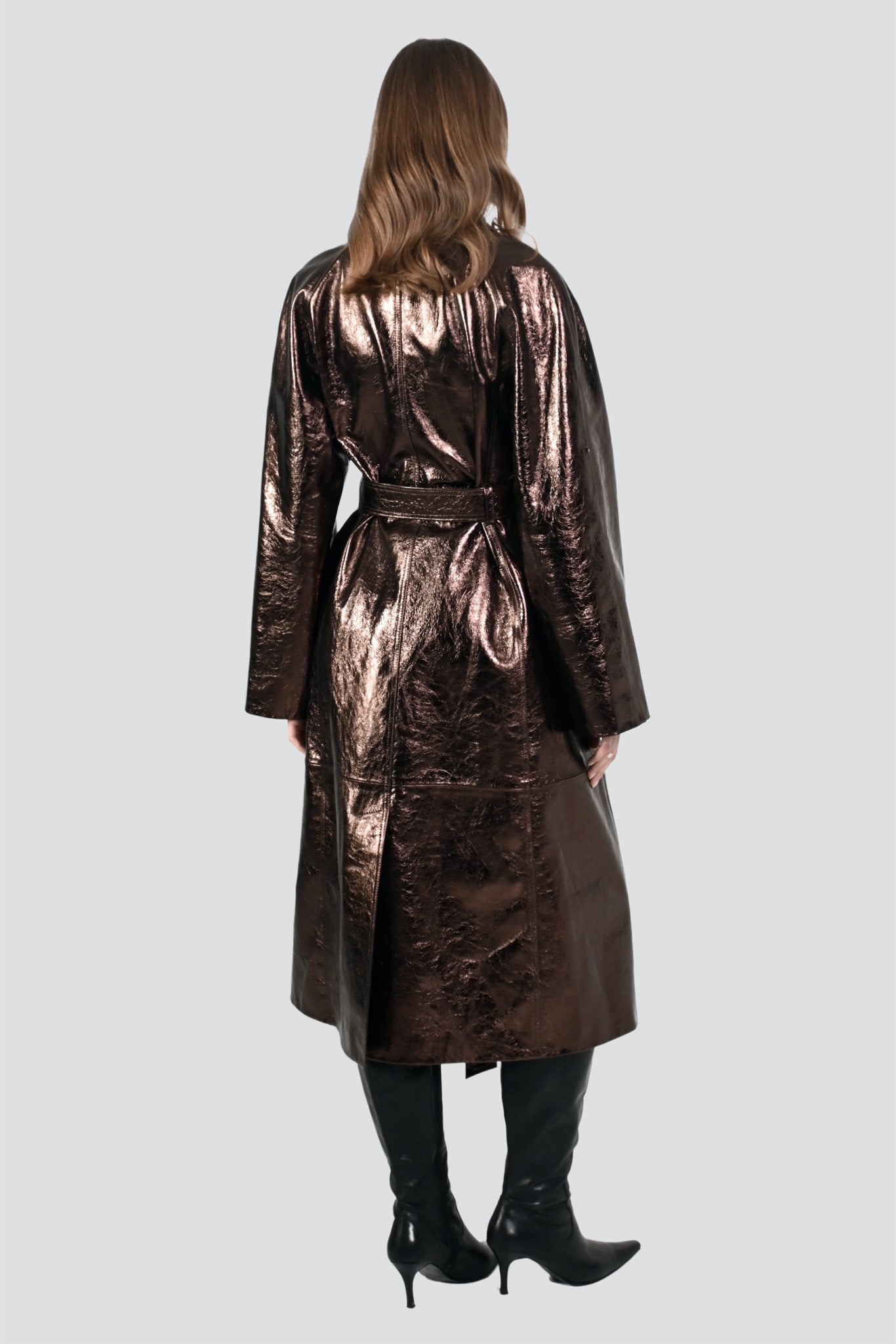 Shiny Burgundy Leather Trench Coat
