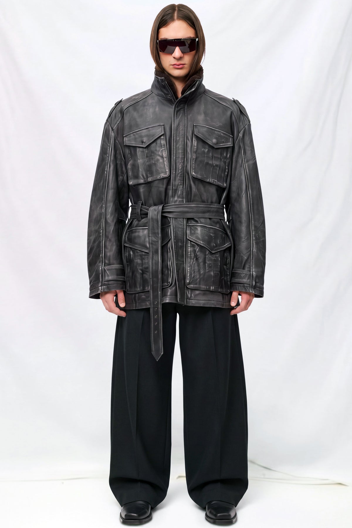 Faded Black Distressed Leather M65 Utility Jacket