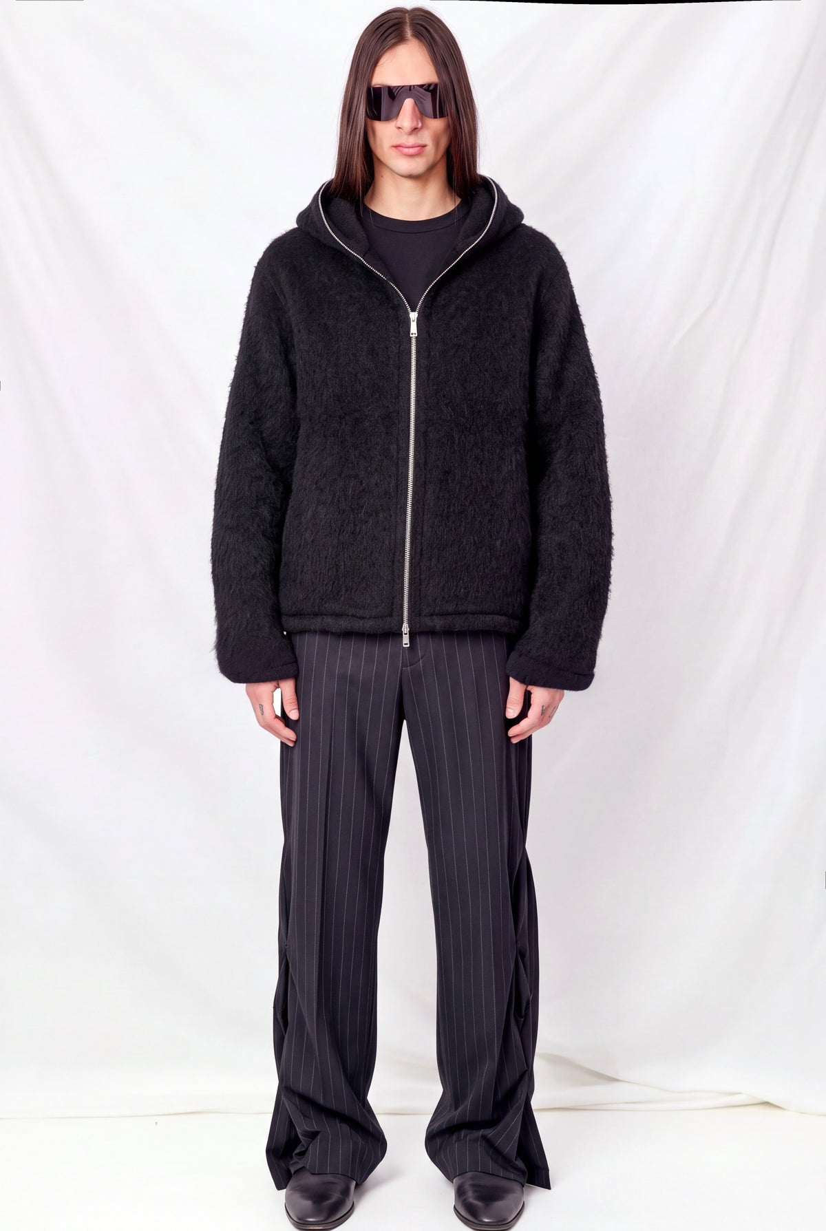 Black Hairy Wool Full Zip Hood