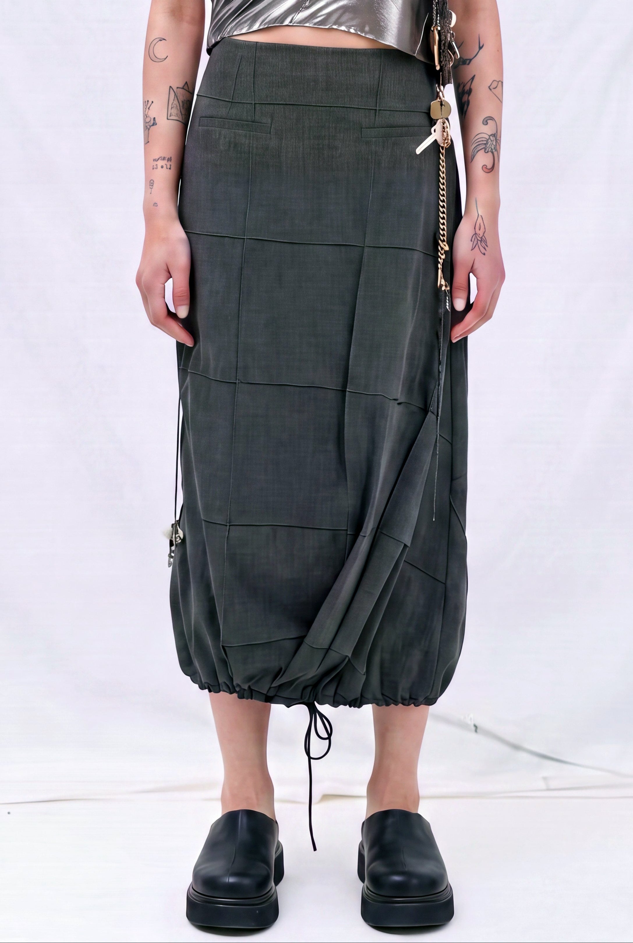 Grey Double TR Shirred Pintuck Midi Skirt