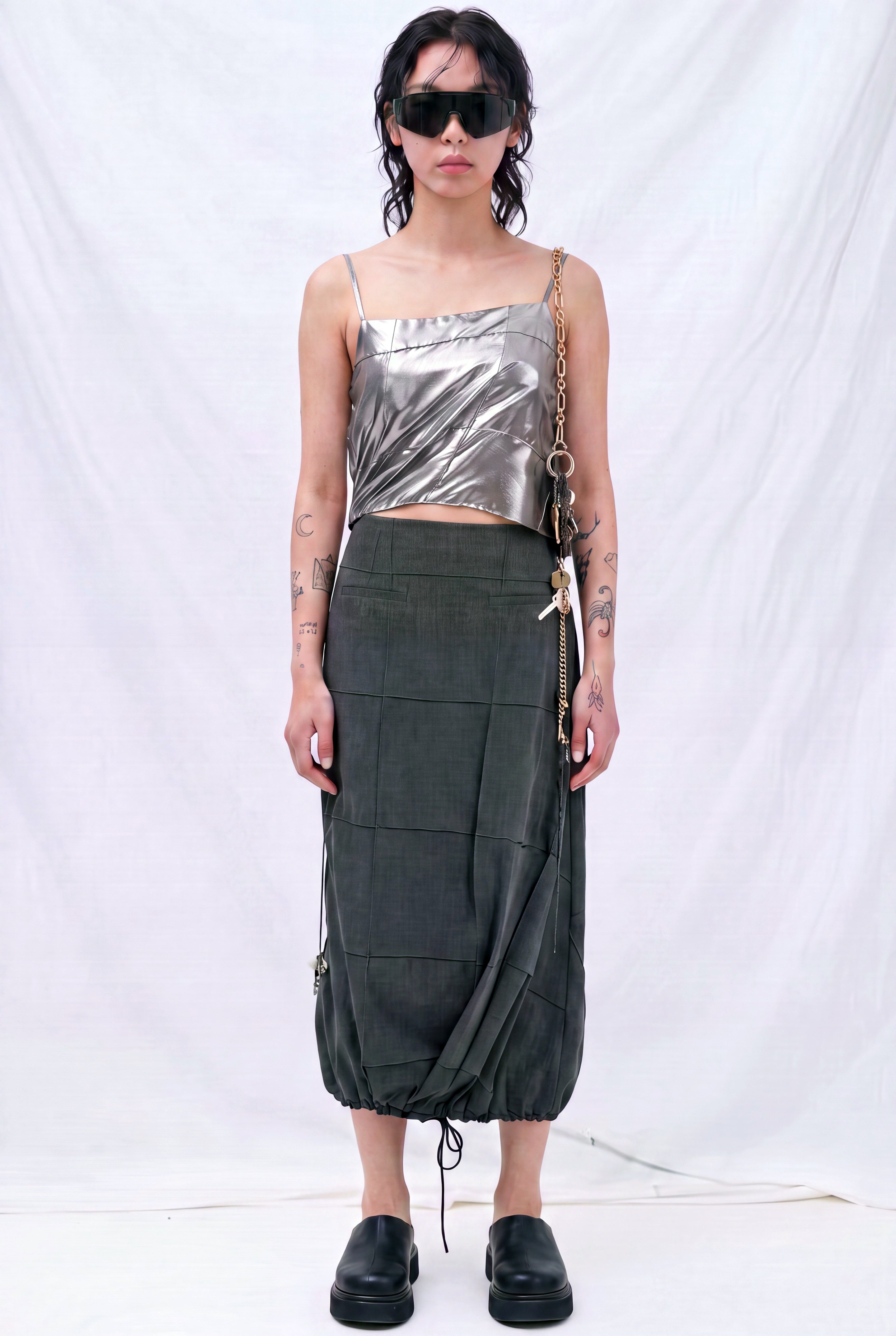 Grey Double TR Shirred Pintuck Midi Skirt