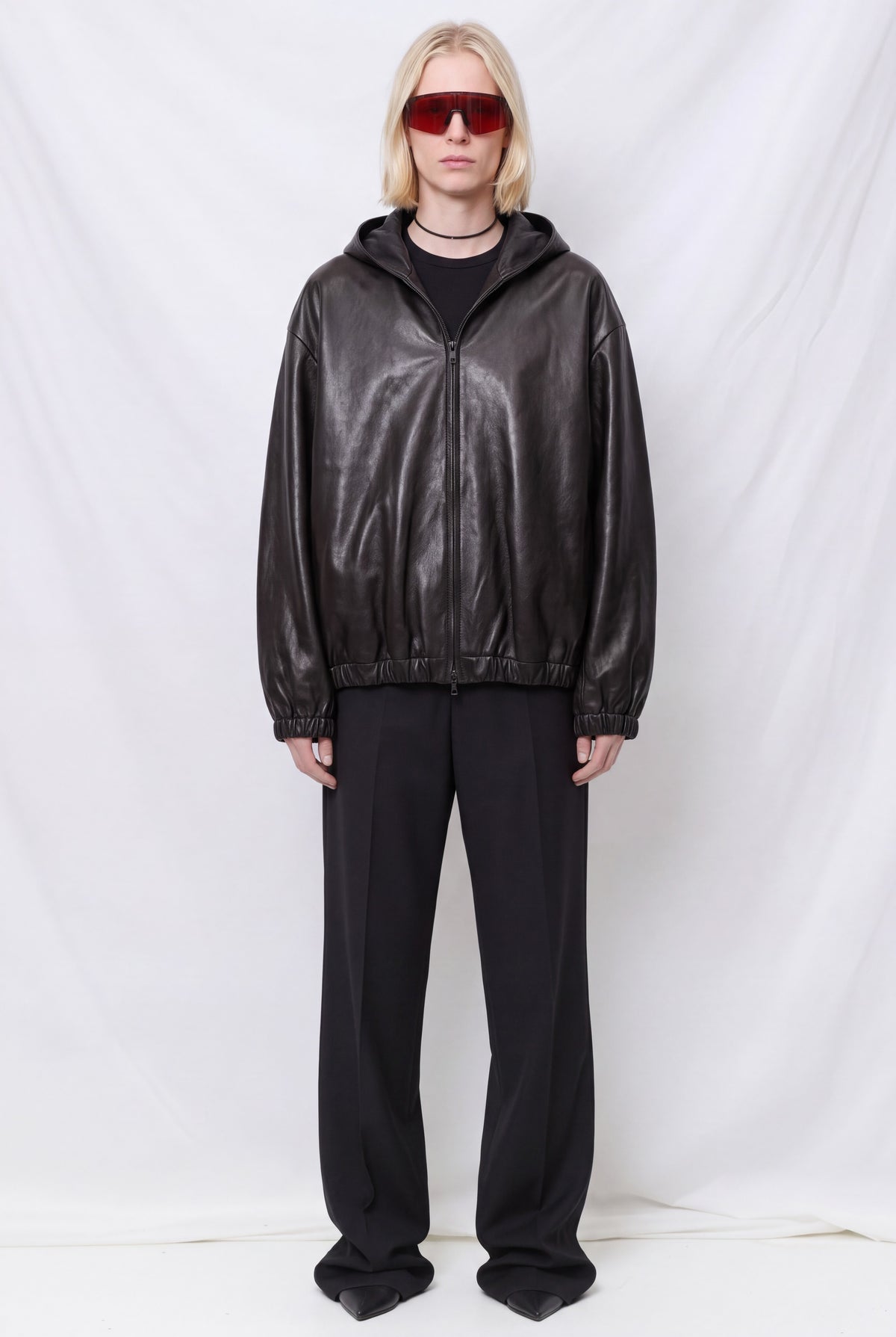 No.216 Black Leather Hooded Zipper Jacket