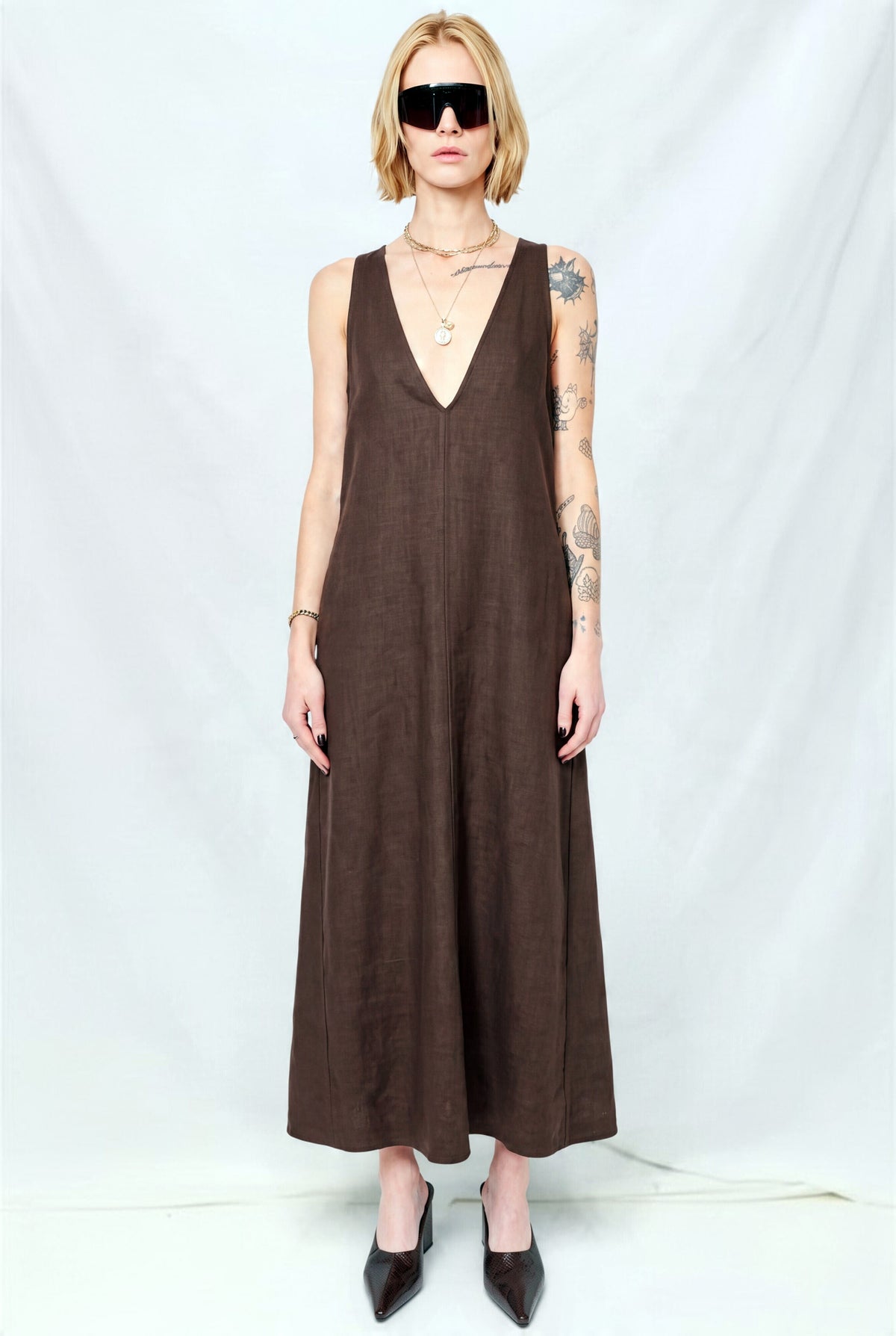 Brown Melange Suiting Trapeze Dress