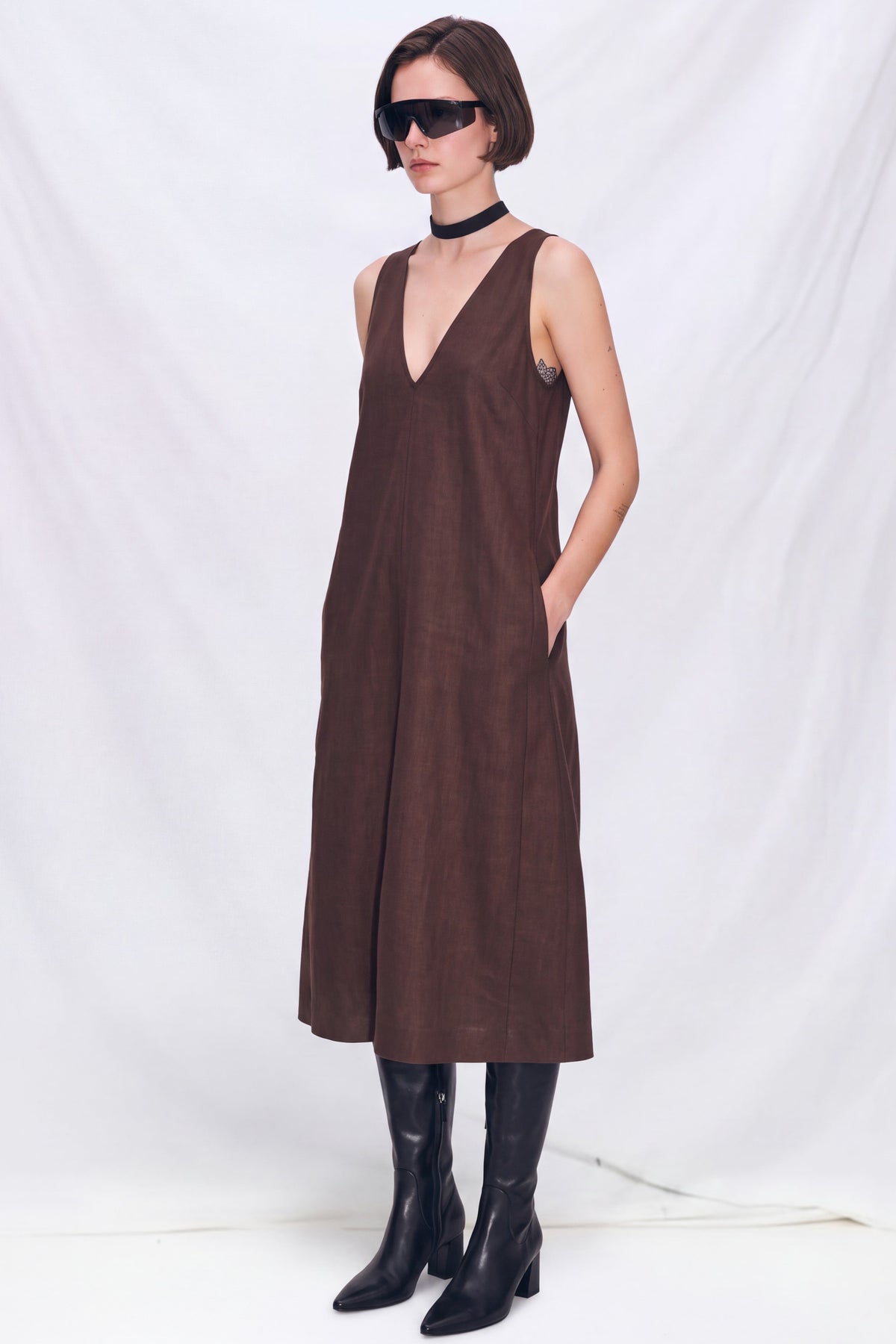 Brown Melange Suiting Trapeze Dress