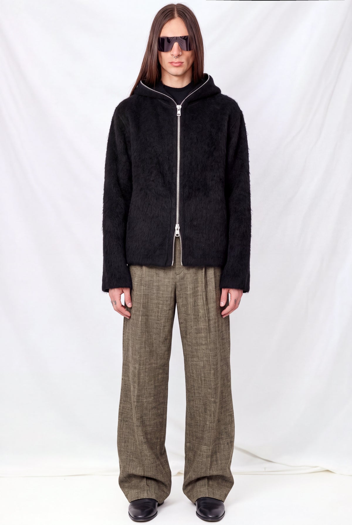 Black Hairy Wool Full Zip Hood