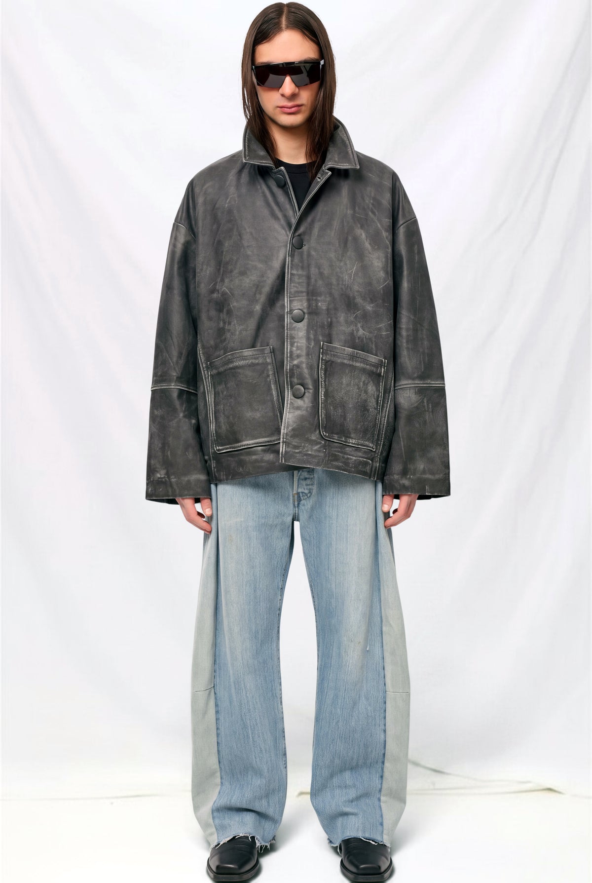 Faded Black Pocket Leather Utility Jacket