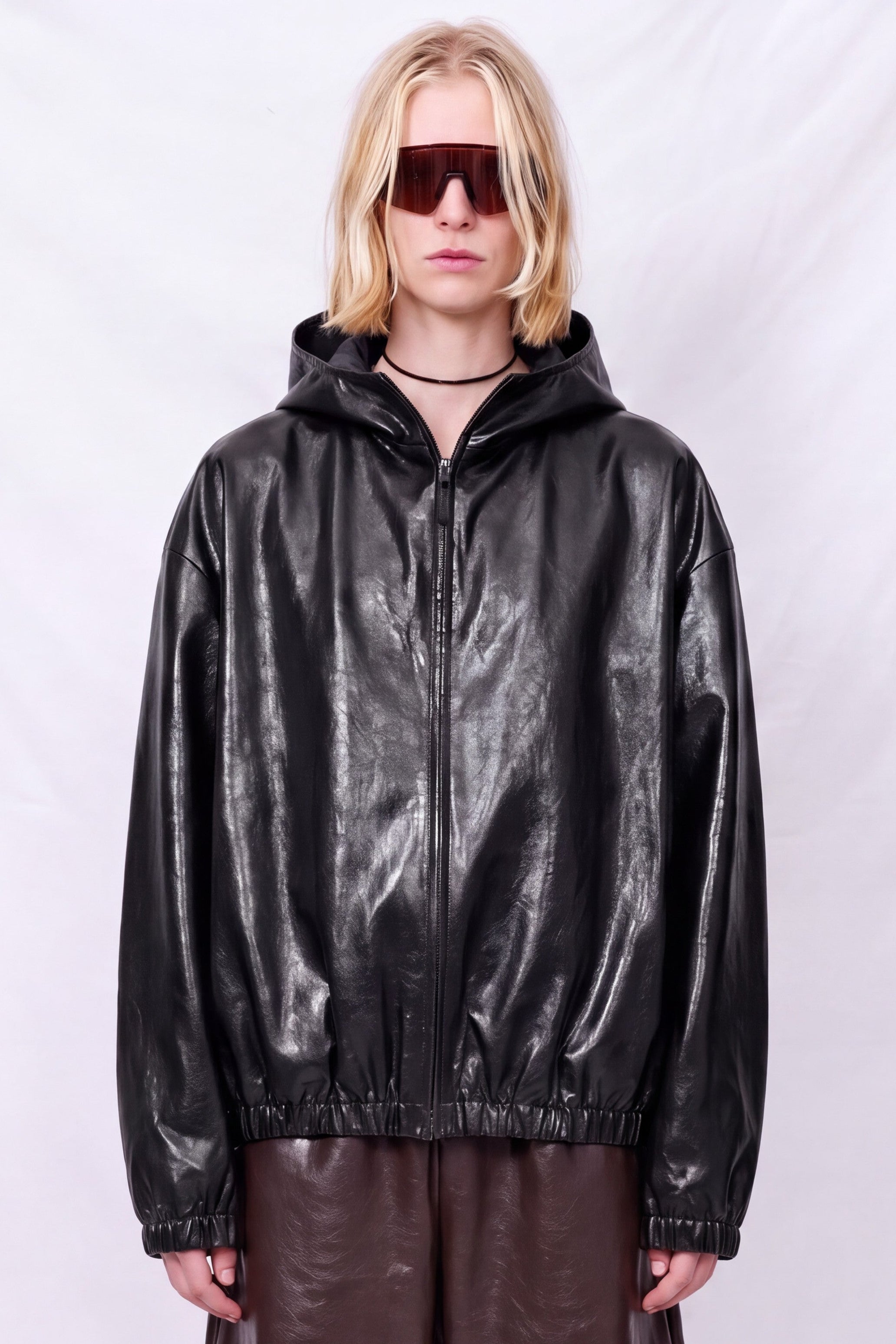 No.216 Black Leather Hooded Zipper Jacket