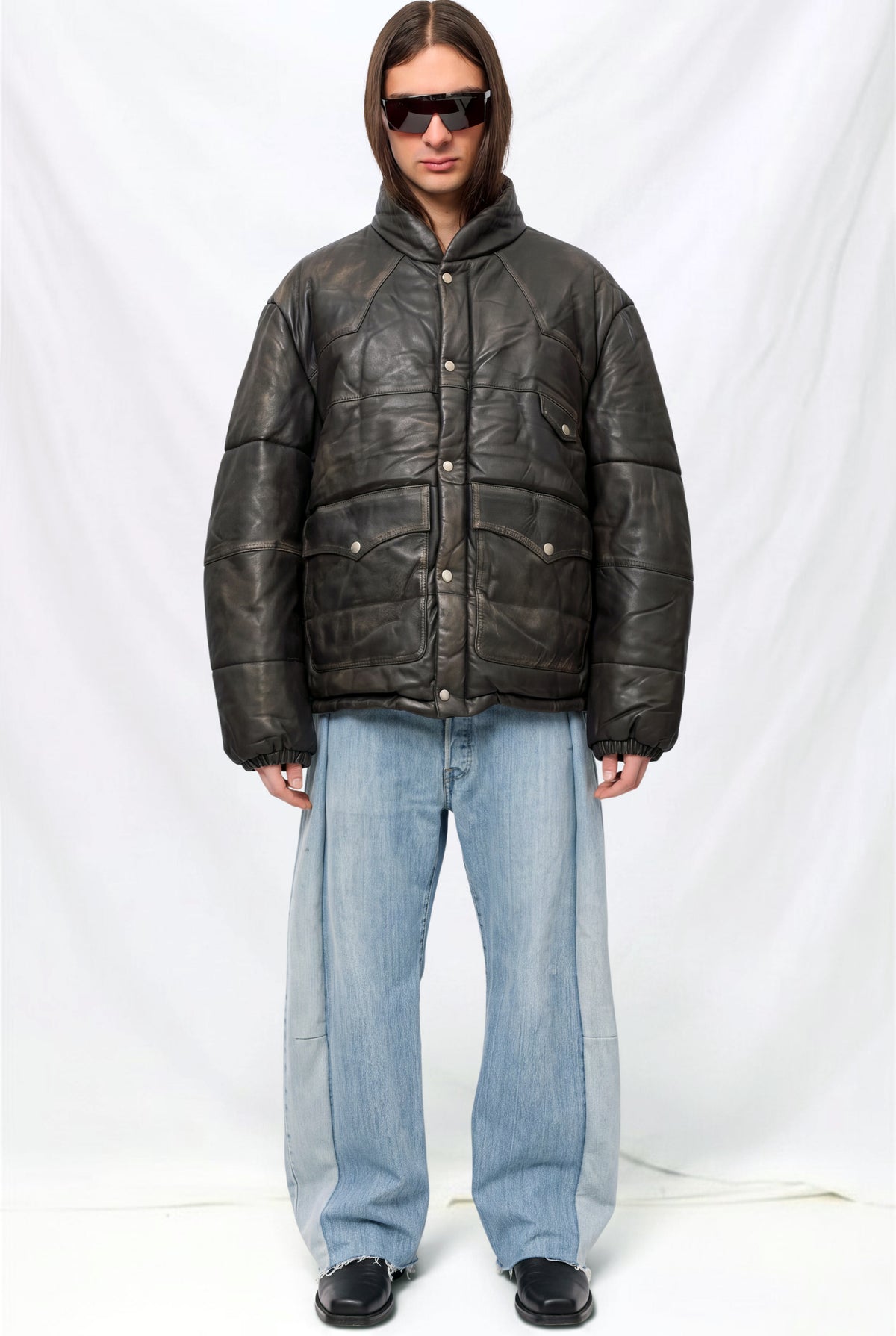 Vintage Black Distressed Leather Puffer Jacket