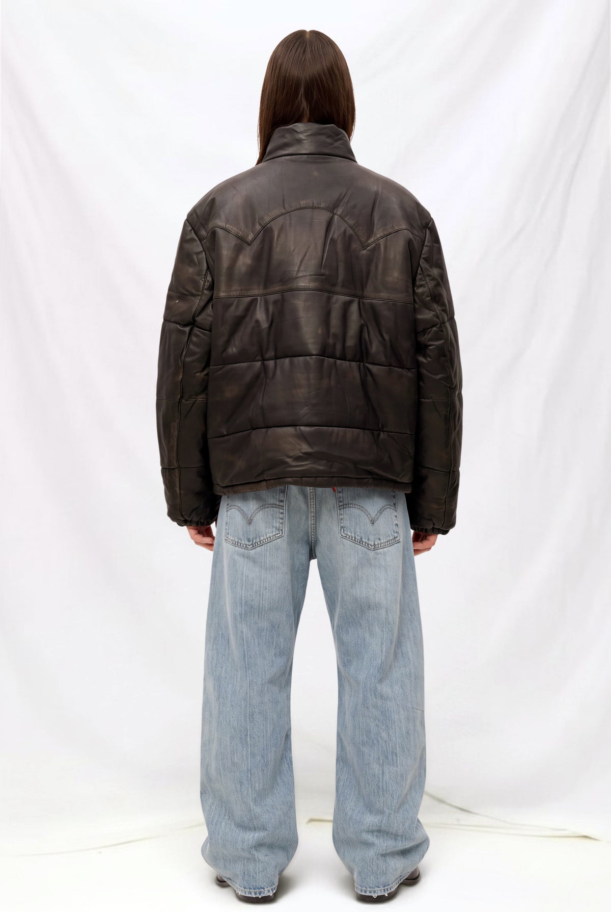 Vintage Black Distressed Leather Puffer Jacket
