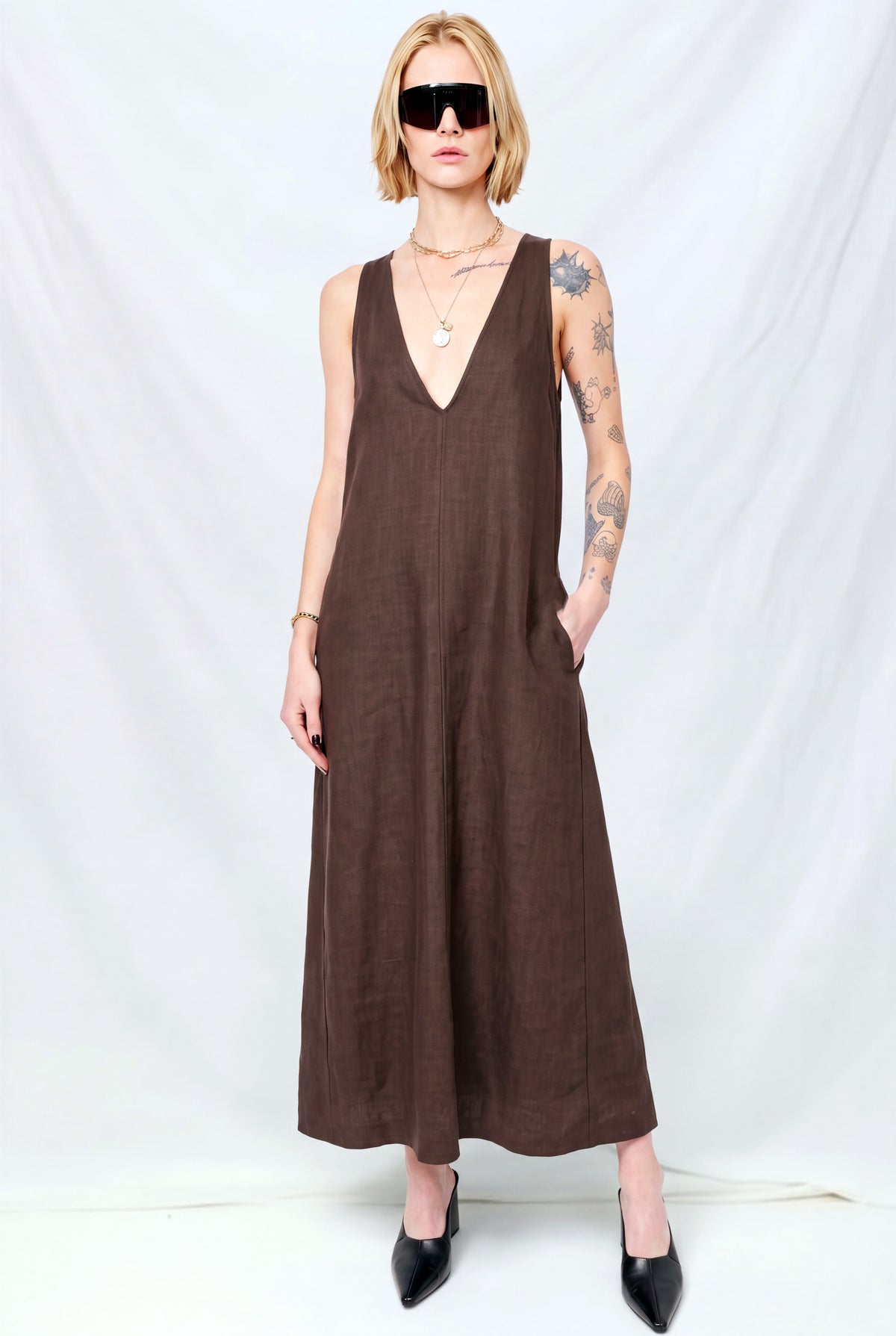 Brown Melange Suiting Trapeze Dress