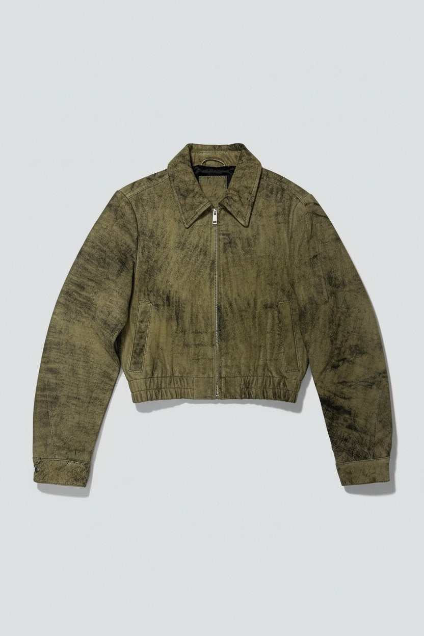 Antique Olive Leather Shrunken Zip Jacket