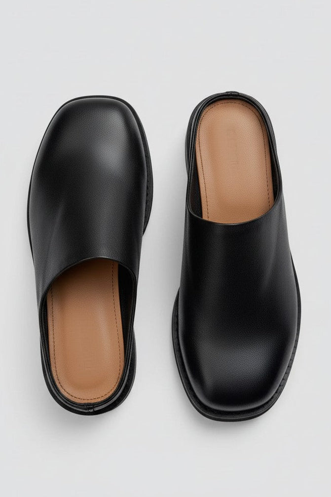 Black Leather Round Mule