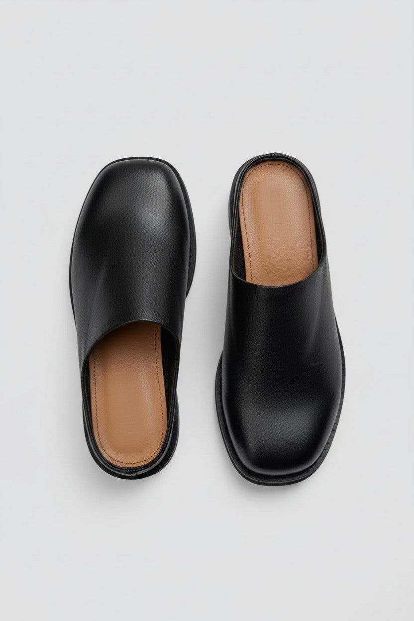 Black Leather Round Mule