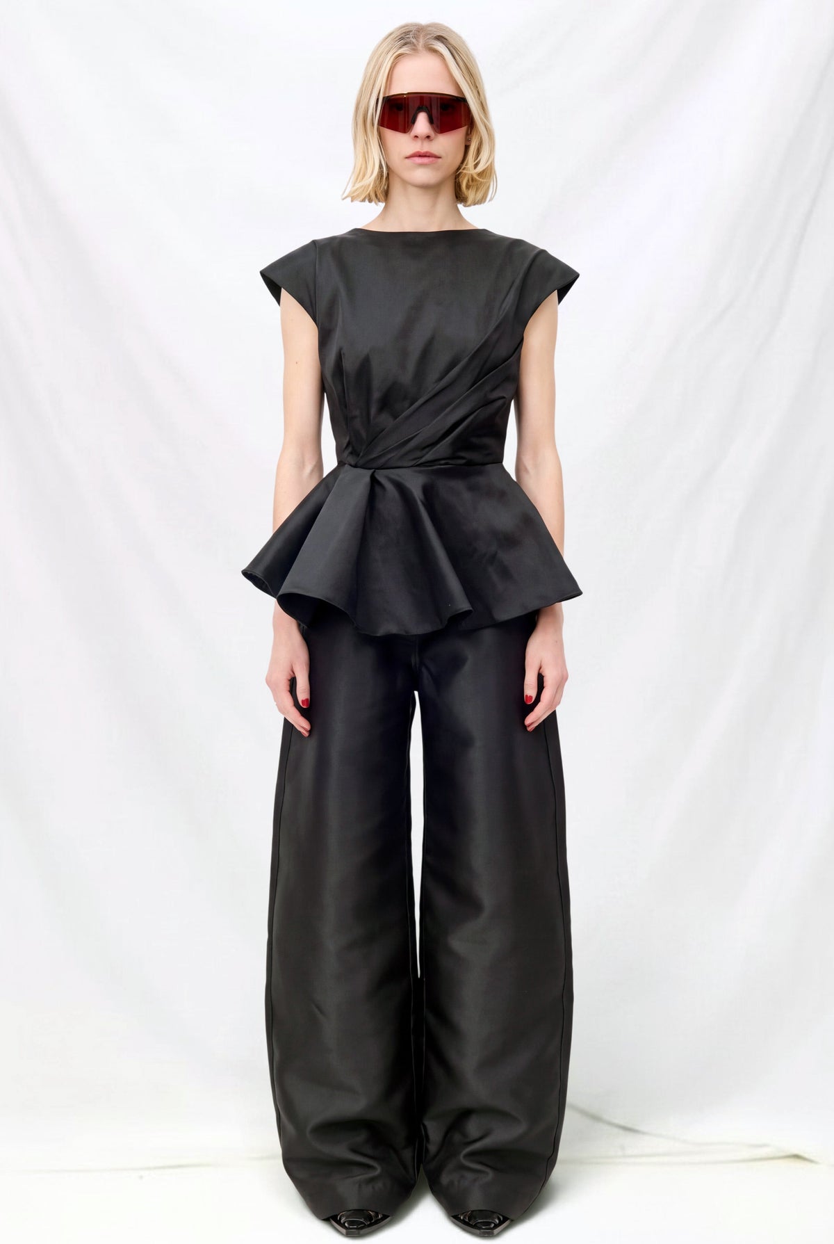 Black Draped Cap Sleeve Flounce Top
