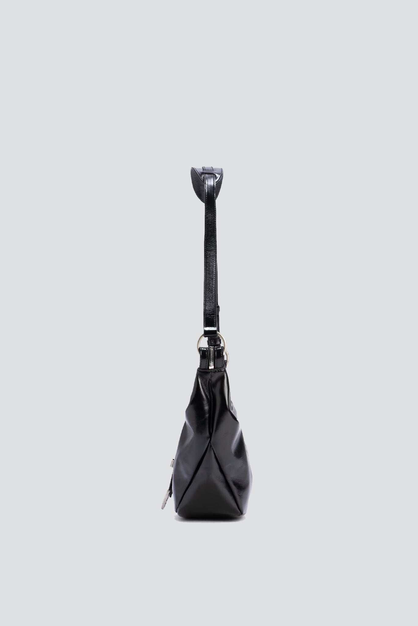 Black Glossy Plain Belted Medium Hobo