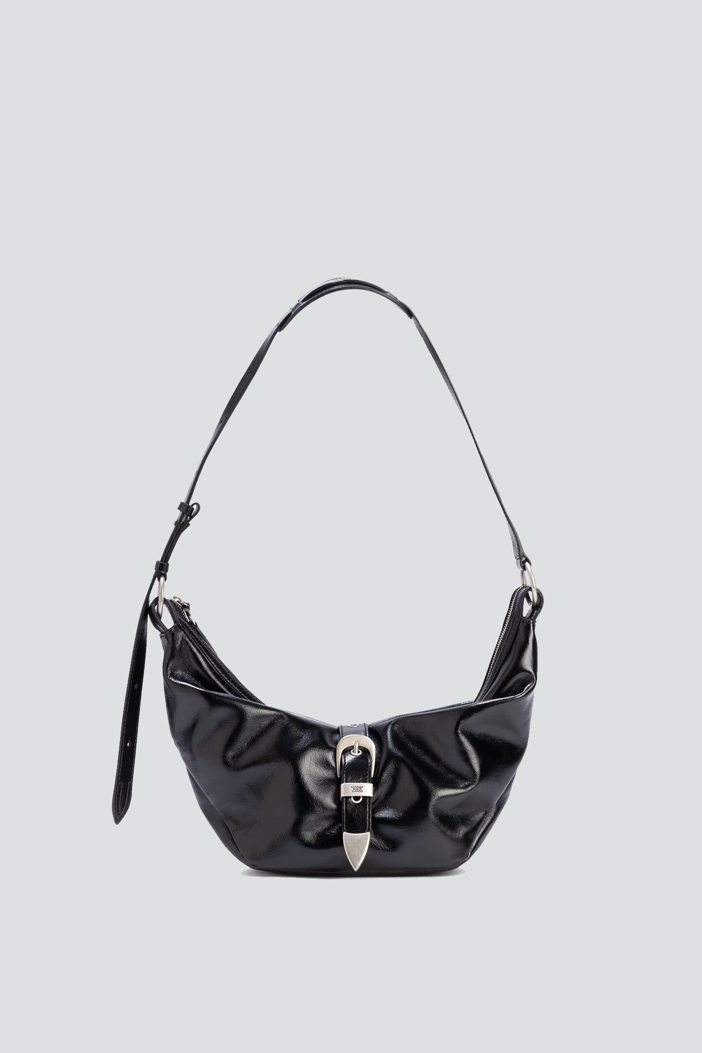 Black Glossy Plain Belted Medium Hobo