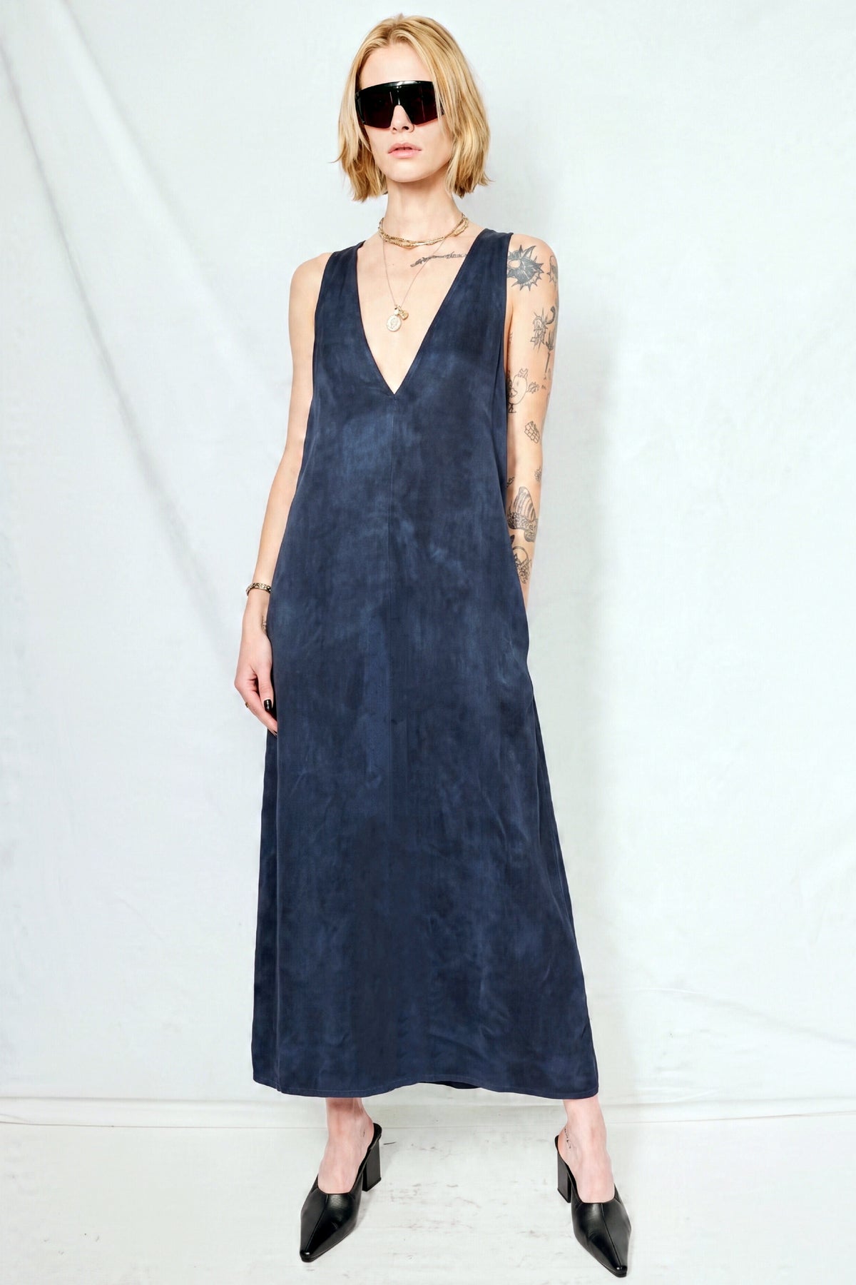 Navy Cupro Trapeze Dress