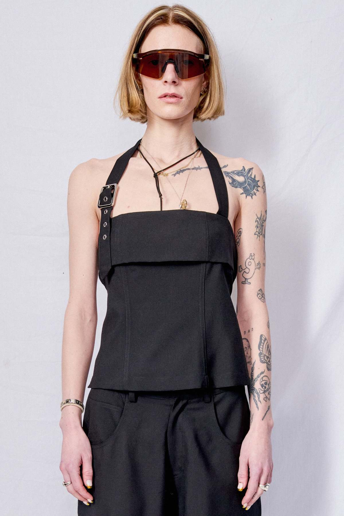 Black Suiting Strap Halter Top