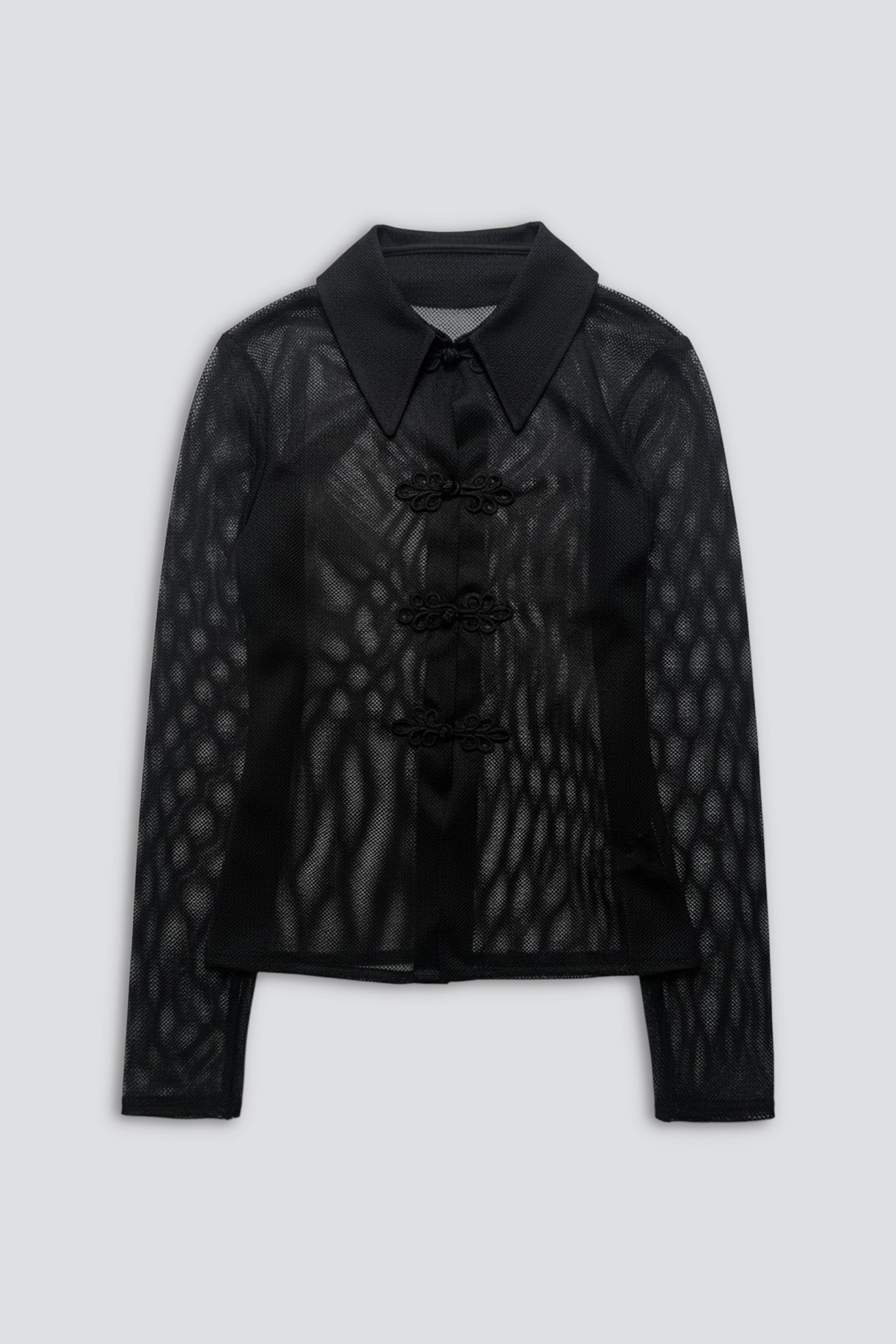 Black Fishnet Fitted Button Up