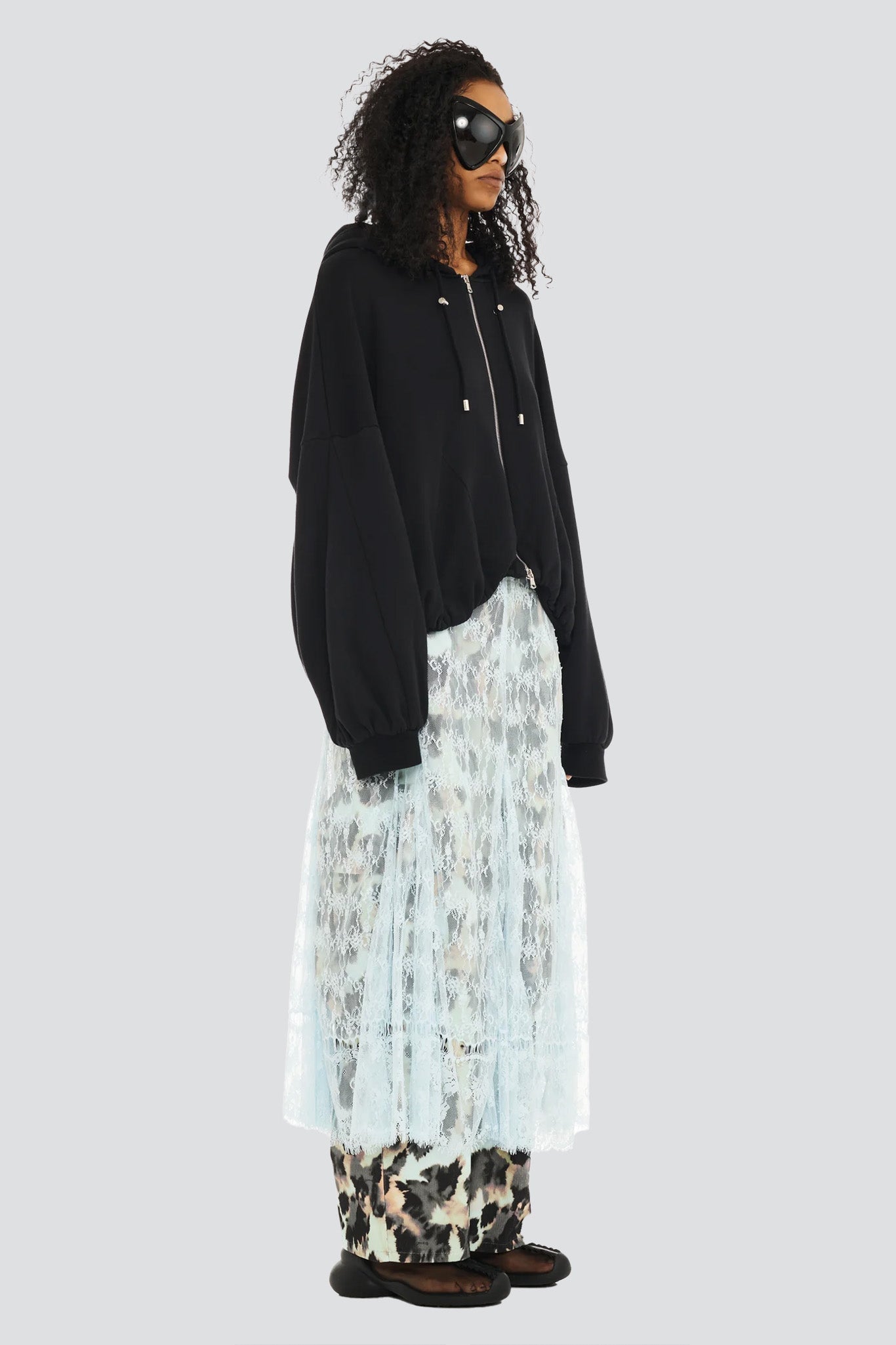 Black Deadstock Fleece Gathered Zip Up Hoodie