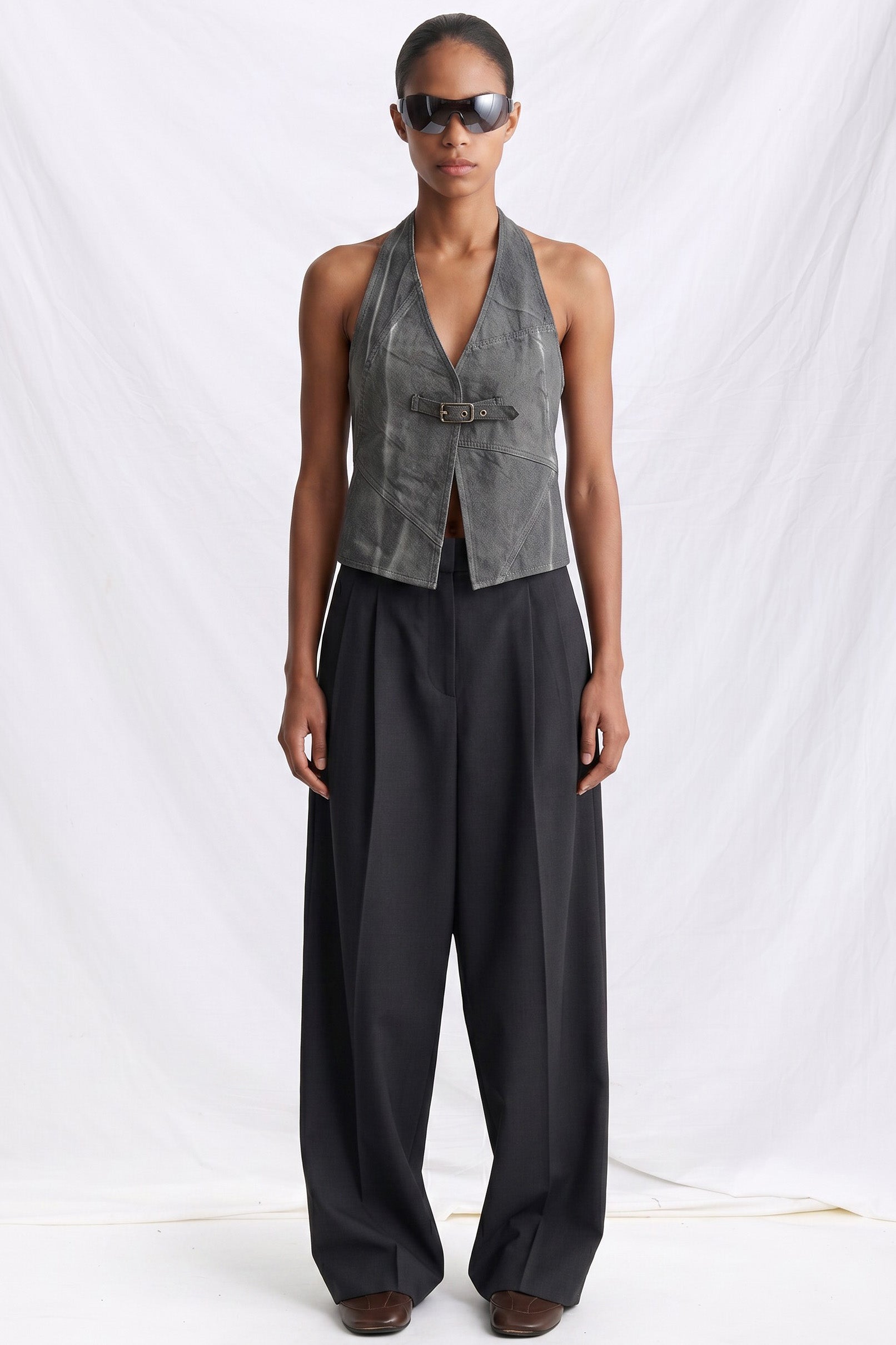 Black Grey Wash Denim Belted Vest