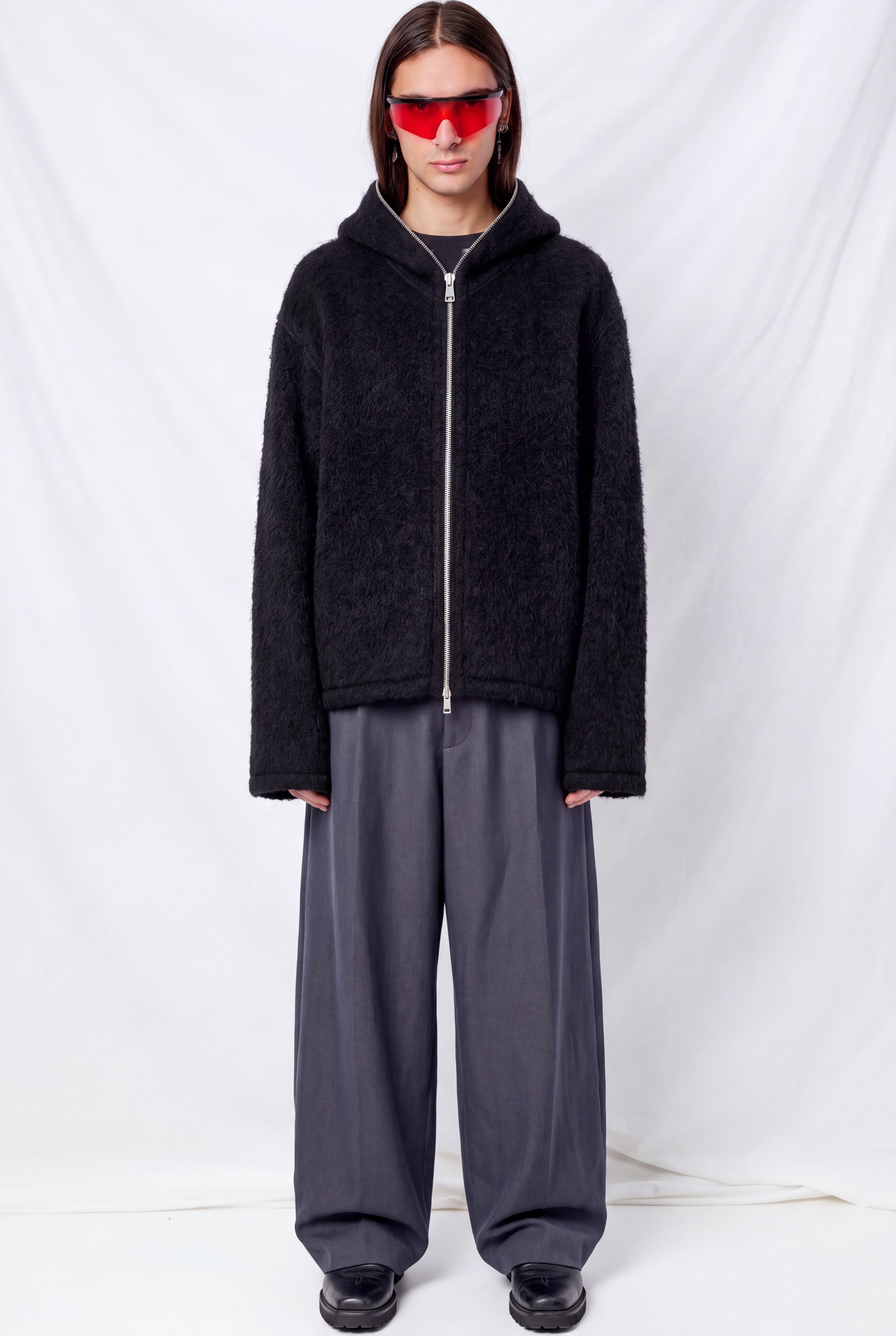 Black Hairy Wool Full Zip Hood