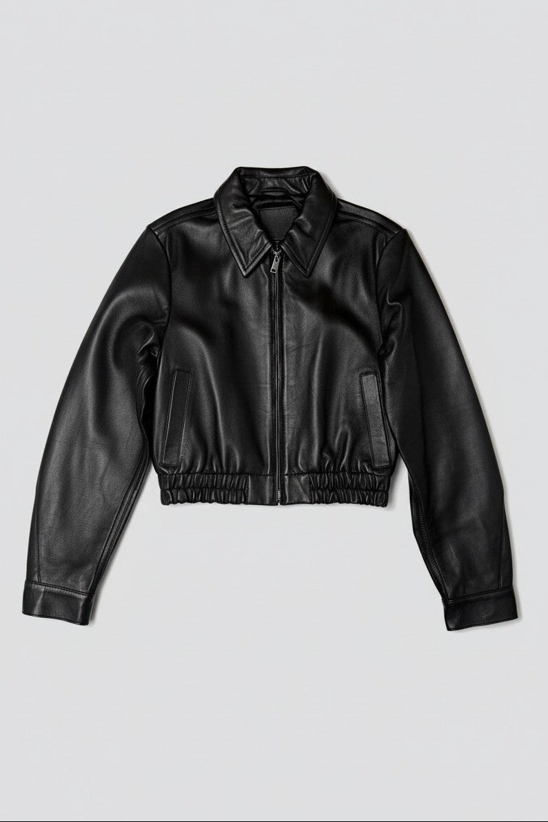 Black Leather Shrunken Zip Jacket