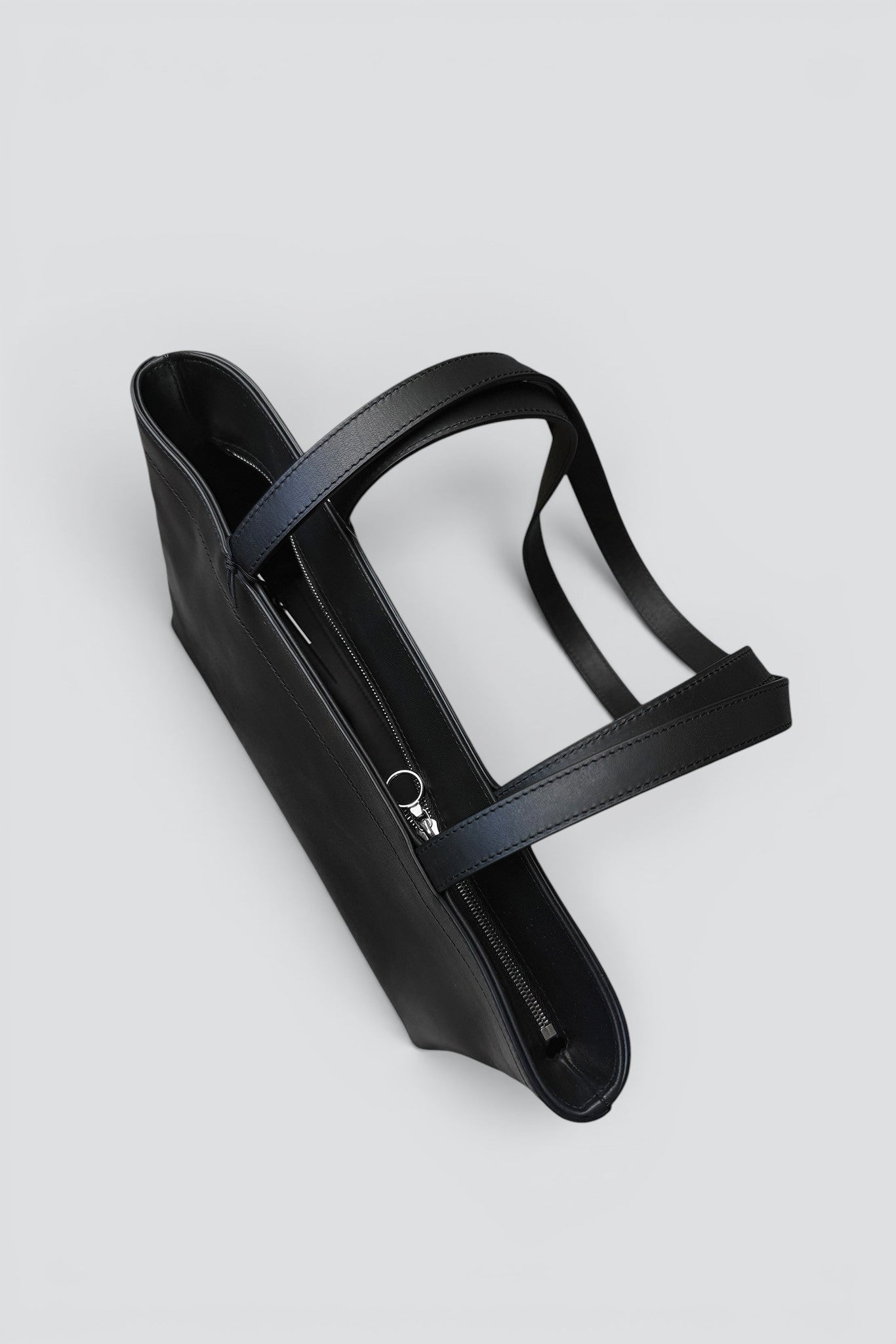 Black Leather Small Long Handle Zipper Tote