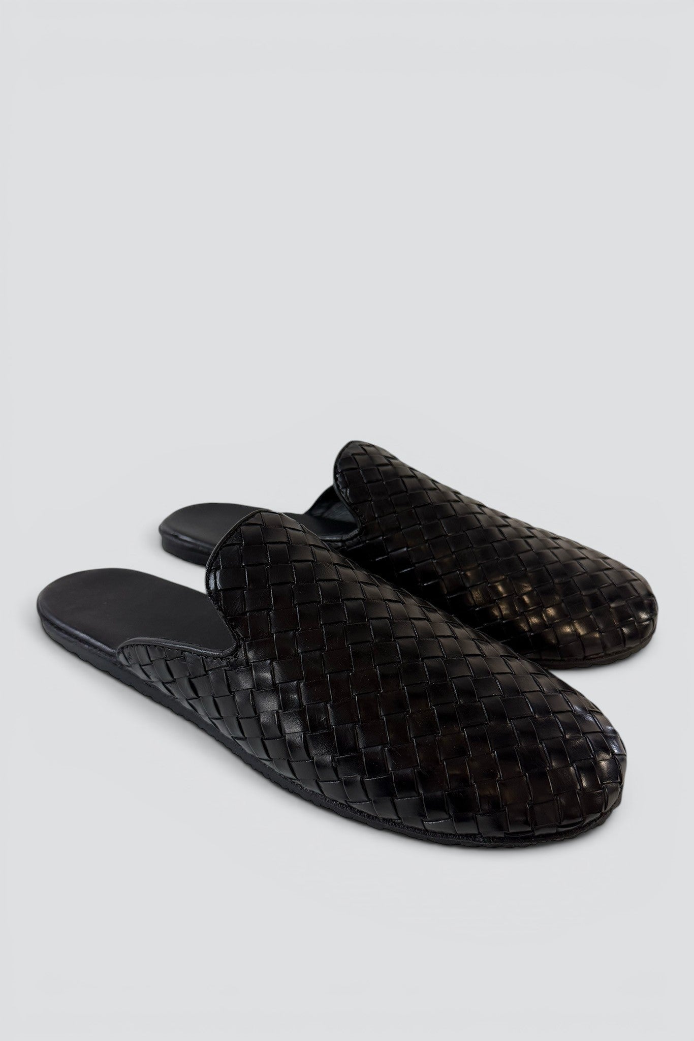 Black Leather Woven Slip On