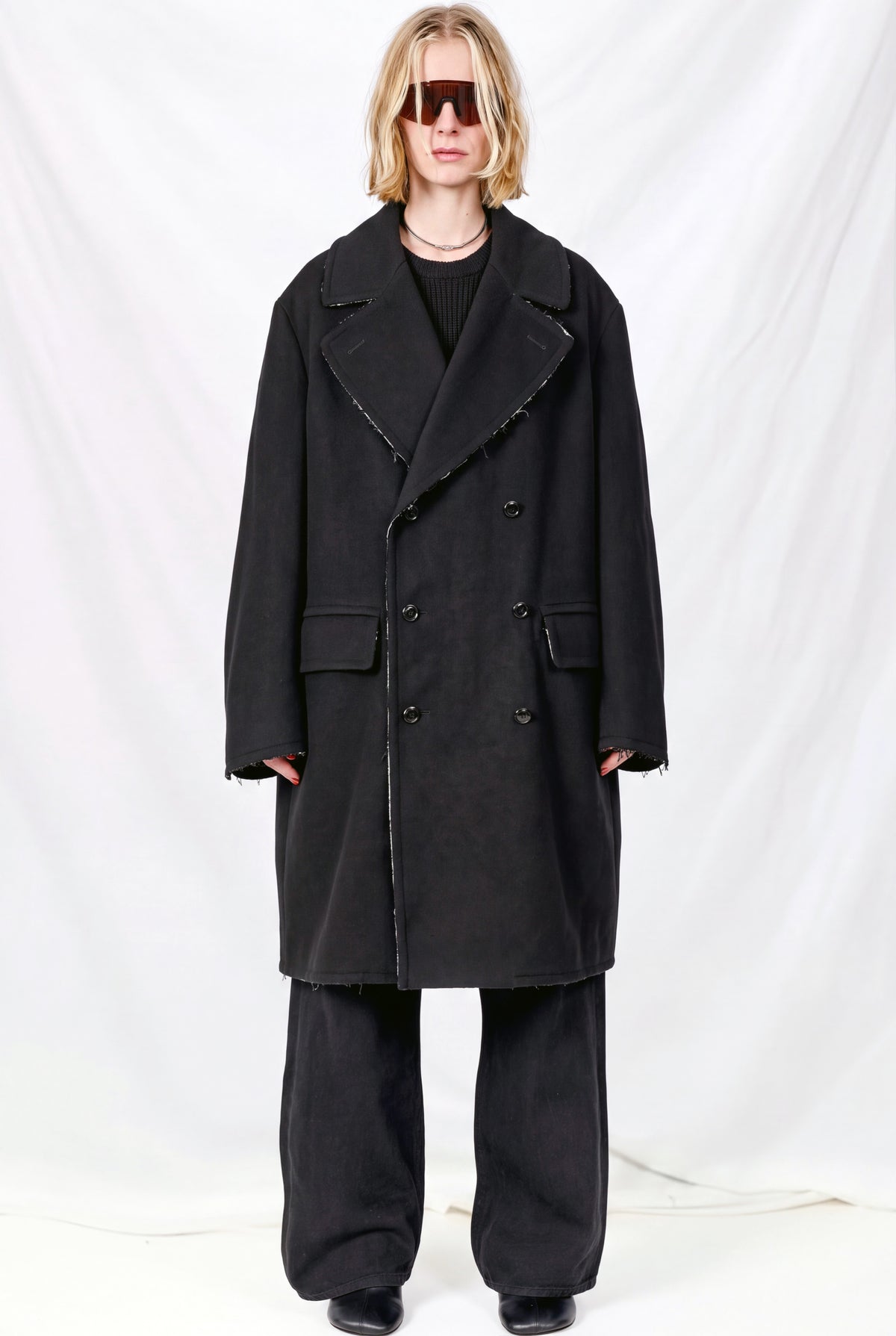 Black Raw Edge Wool Coat