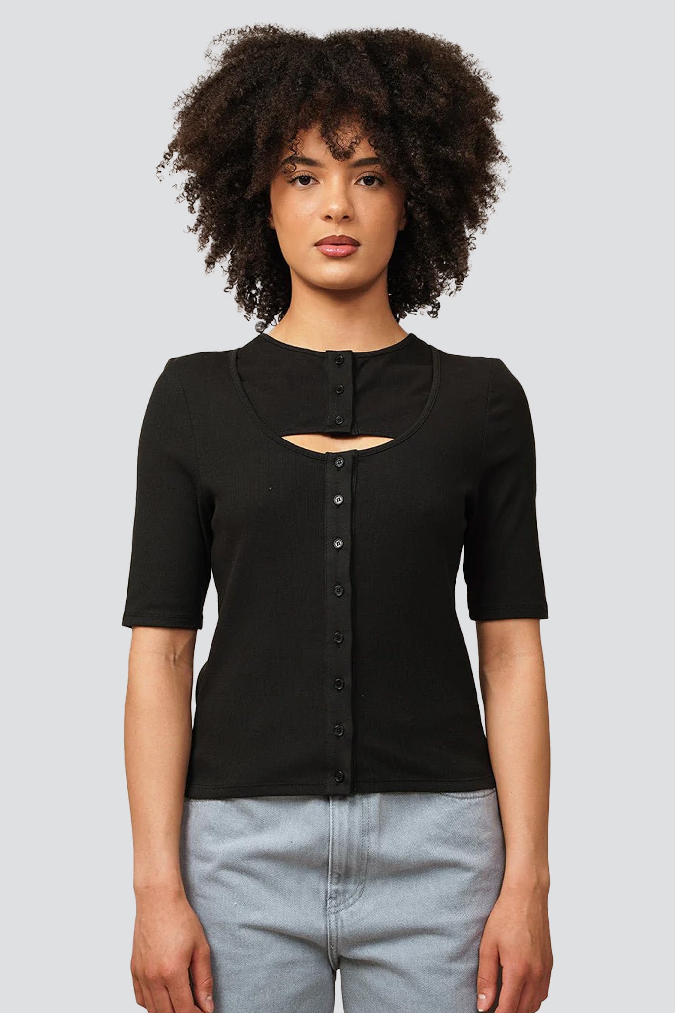 Black Ribbed Button Cardigan Top