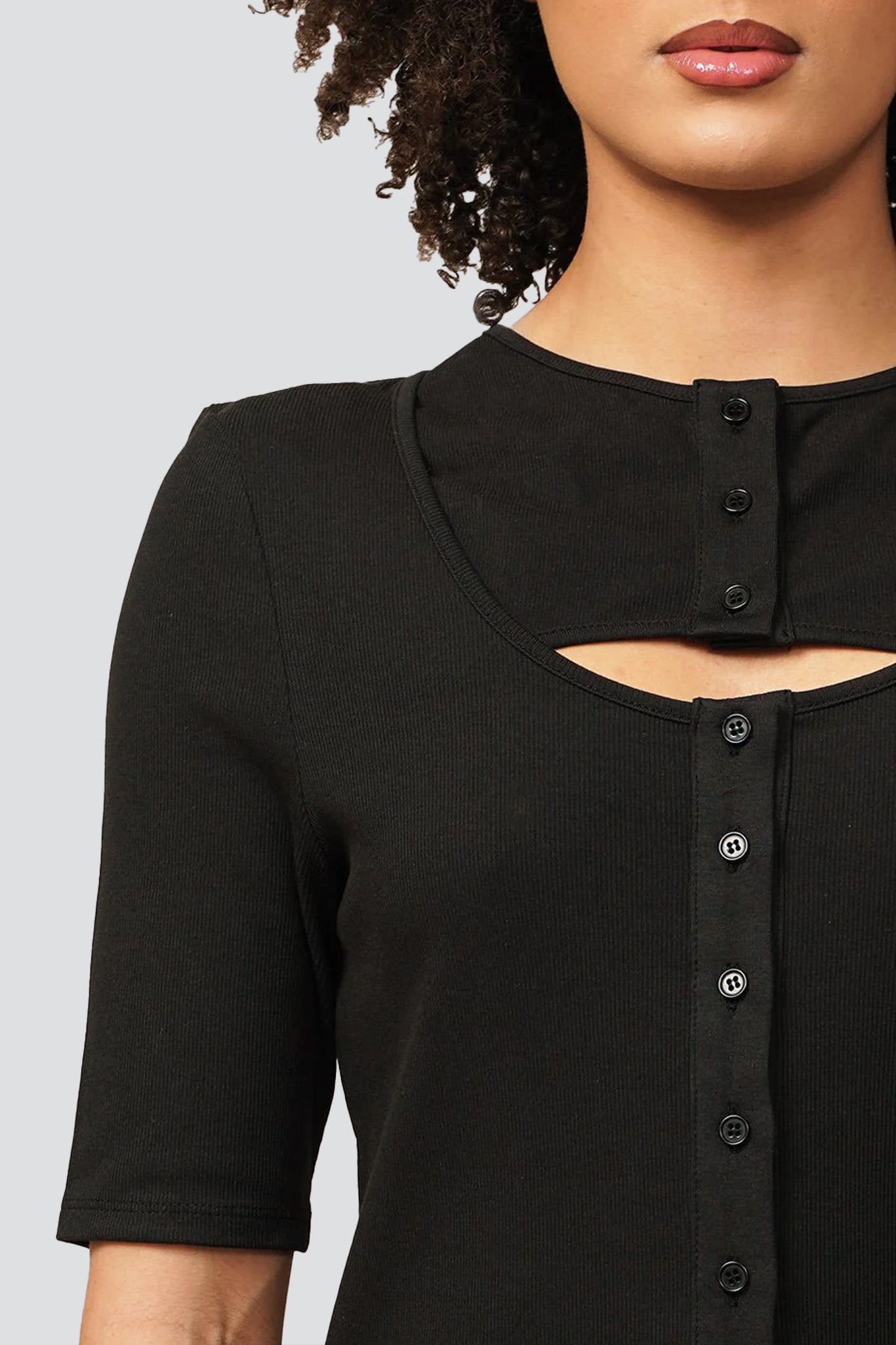Black Ribbed Button Cardigan Top
