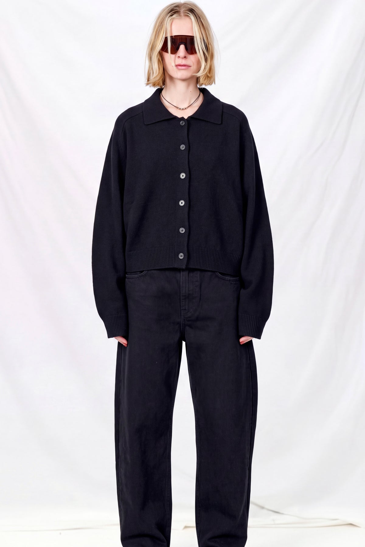 Black Unisex Collared Knit Cardigan
