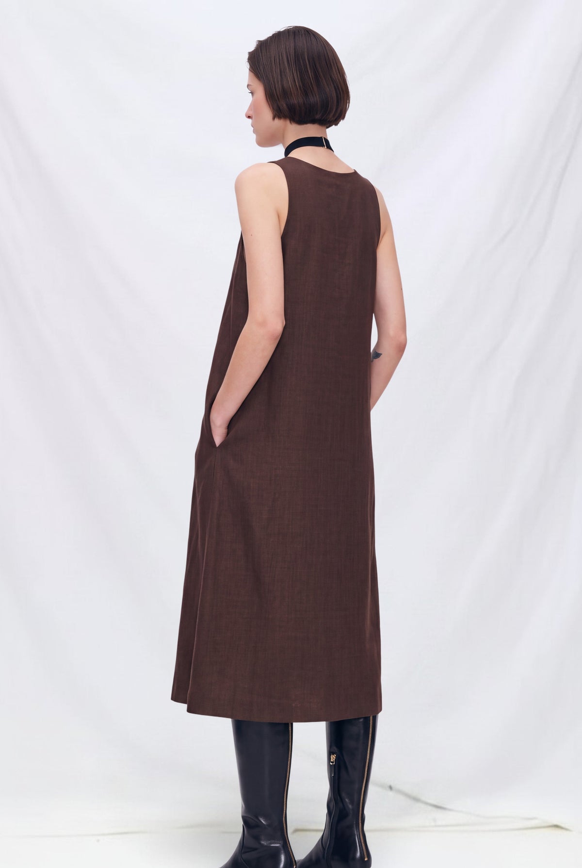 Brown Melange Suiting Trapeze Dress