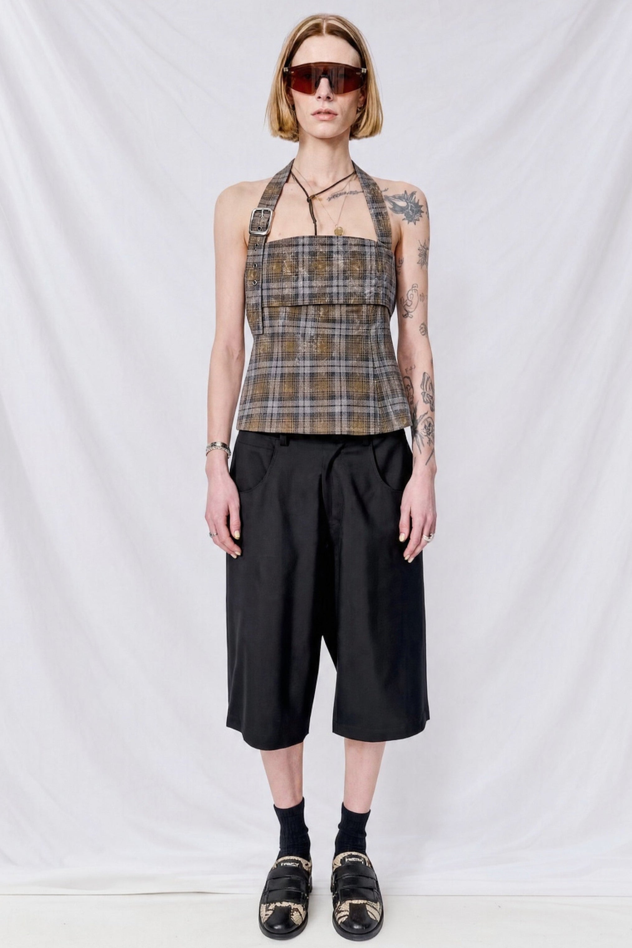 Bleach Plaid Strap Halter Top