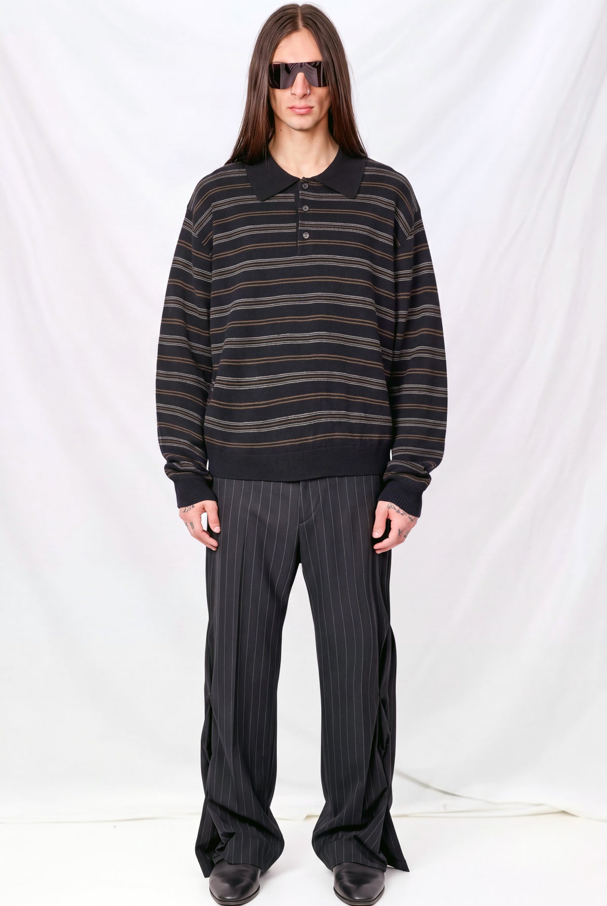 Brown Check Unisex Collared Striped Sweater