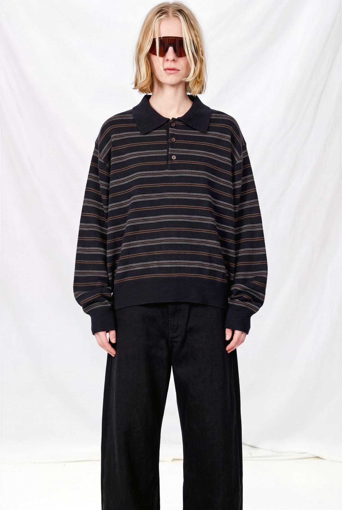 Brown Check Unisex Collared Striped Sweater