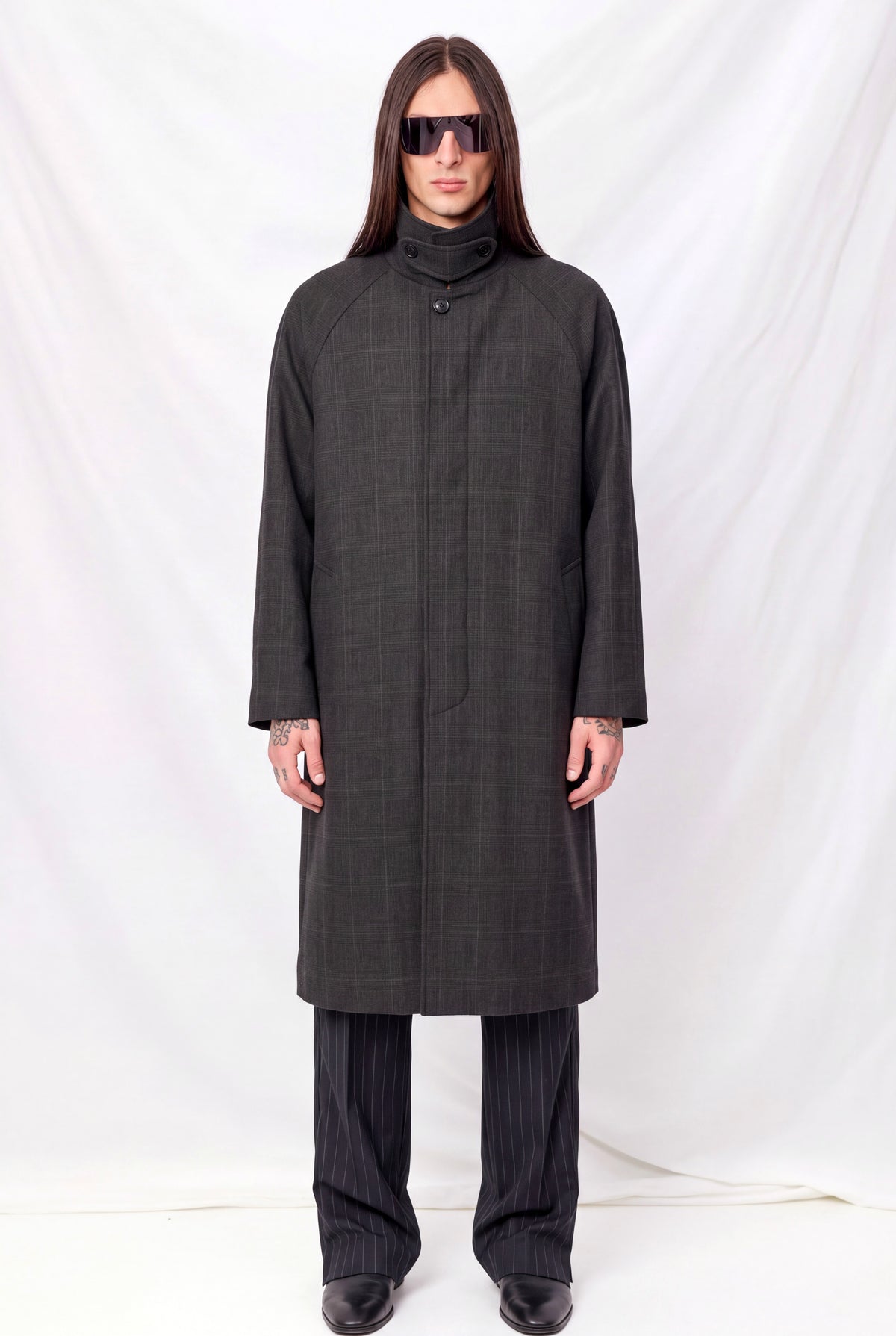 Brown Check Unisex H-Line Wool Mac Coat