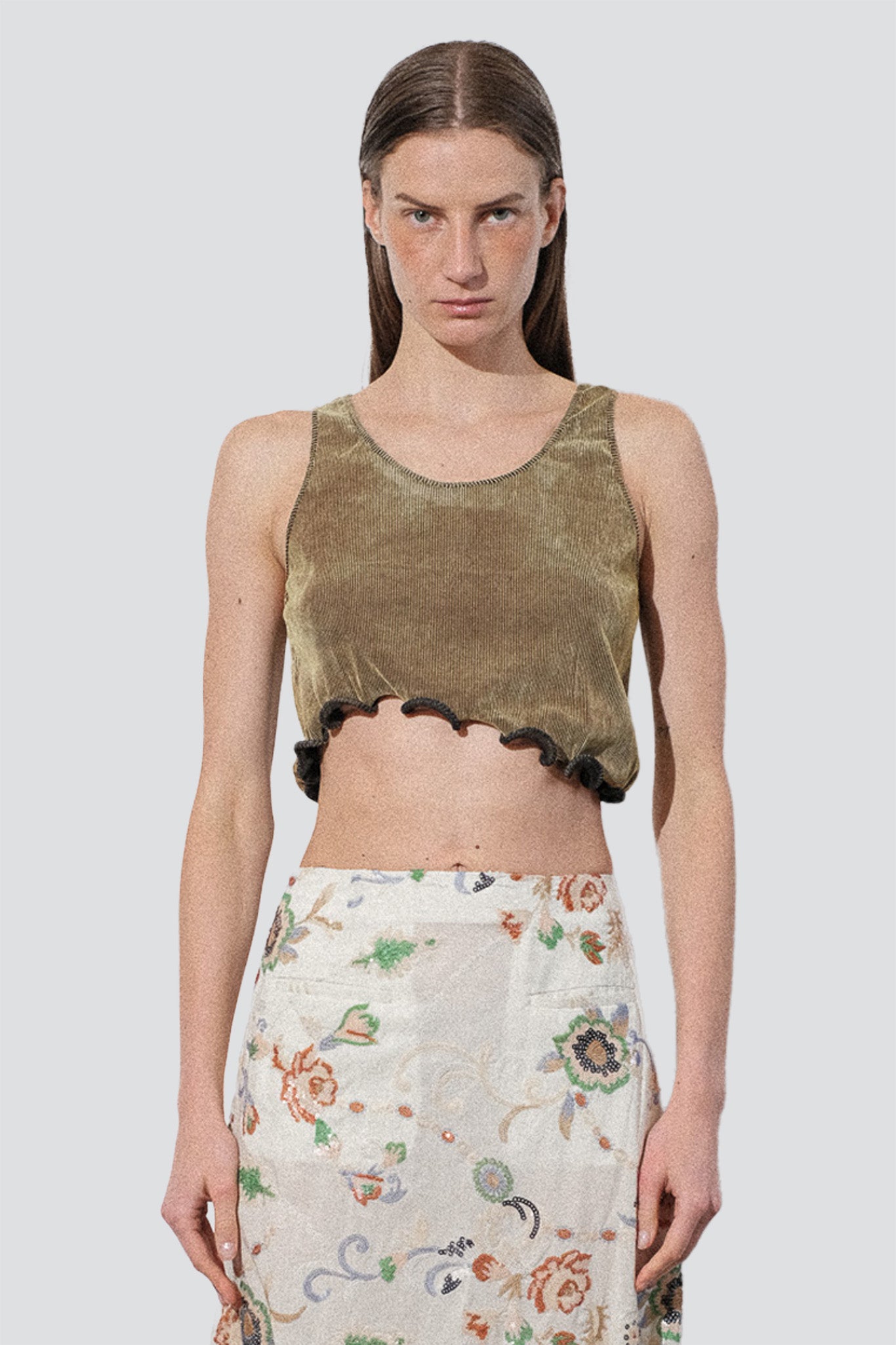 Olive Coleman Skin Jersey Ruffle Hem Top