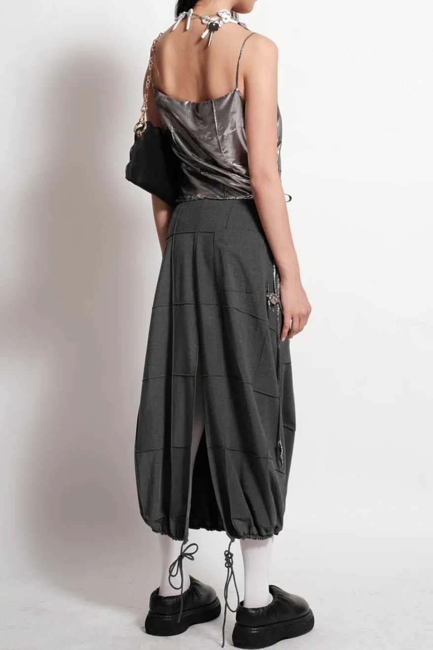 Grey Double TR Shirred Pintuck Midi Skirt
