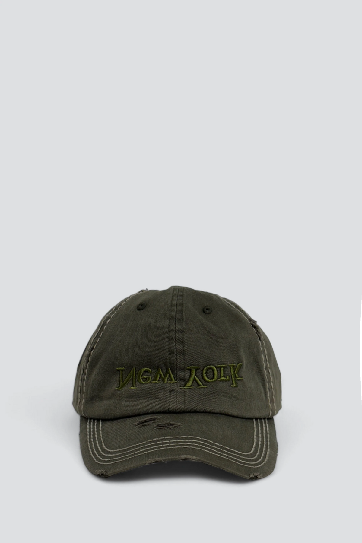 Distressed New York Embroidered Contrast Stitch Hat - Olive