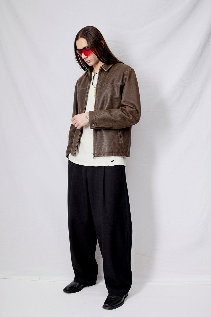 Brown Cracked Leather Zip Jacket - Assembly New York