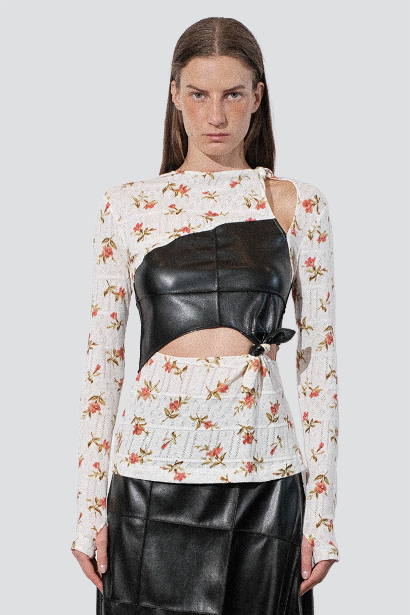 White Floral Jersey Knots Pintuck Top