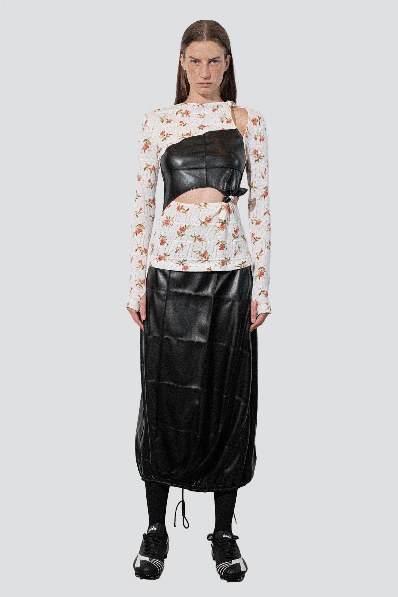 White Floral Jersey Knots Pintuck Top